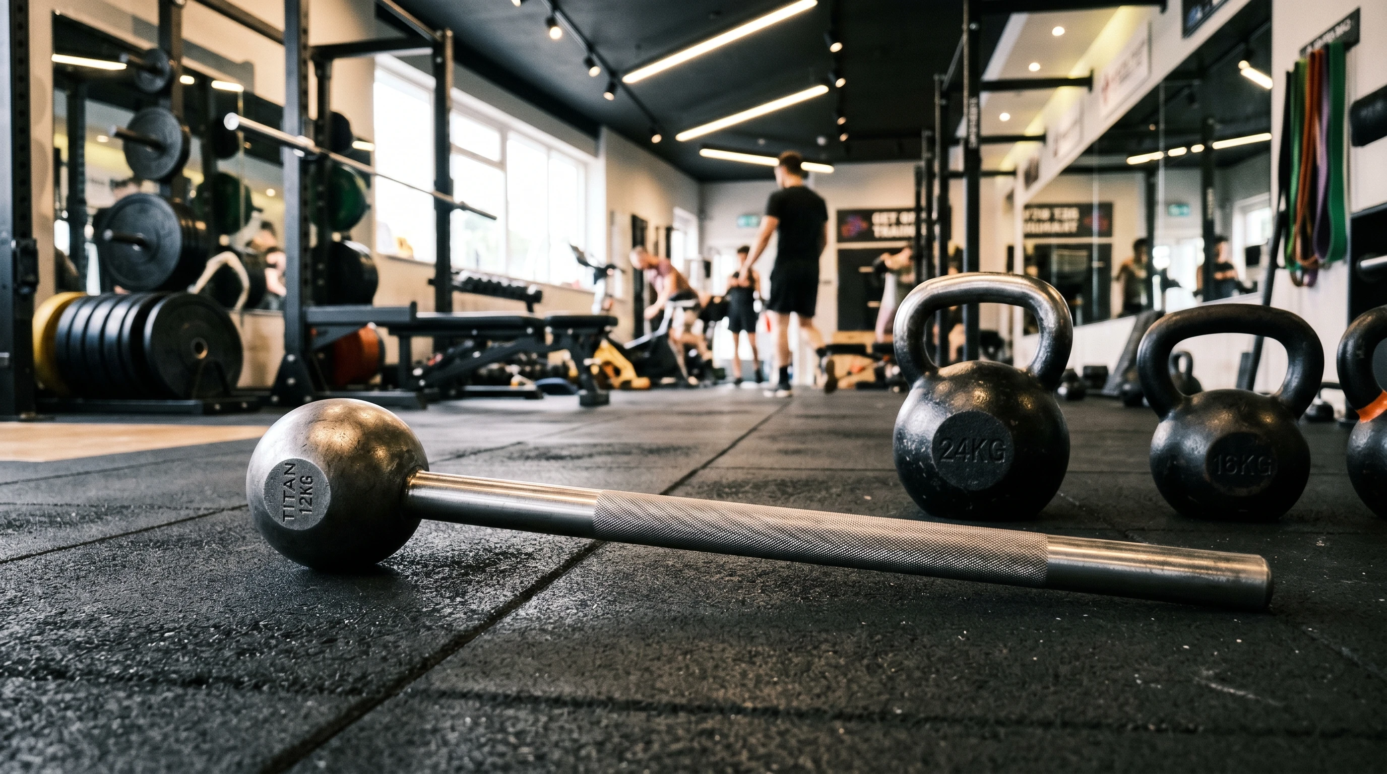 A steel mace resting on a gym floor with kettlebells and rubber gym matting. The scene has dynamic lighting and bold contrast. Metal surfaces gleam subtly, and the background shows a workout-ready environment.
