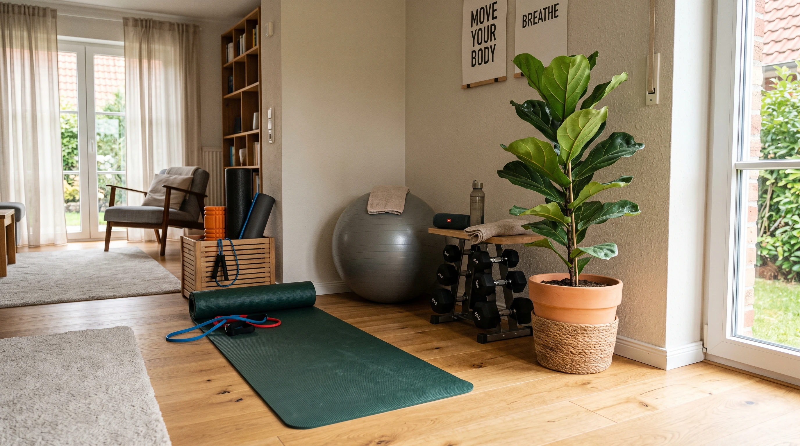 A selection of exercise equipment arranged indoors, including dumbbells, a yoga mat, and a resistance band.