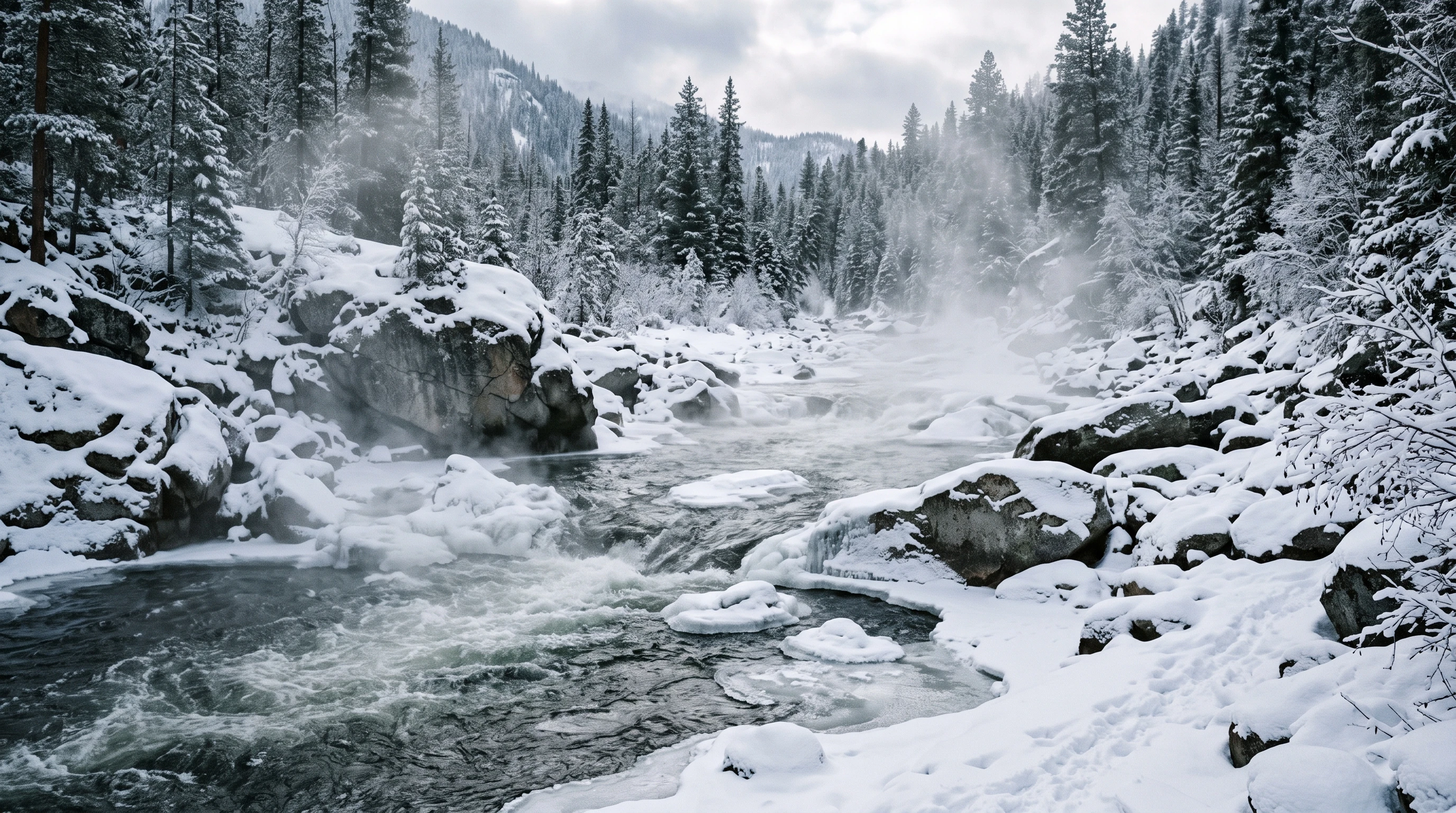 An icy river flowing past snow-covered rocks, with breathy cold mist rising above the water. The scene captures the natural chill and the invigorating environment associated with cold exposure.