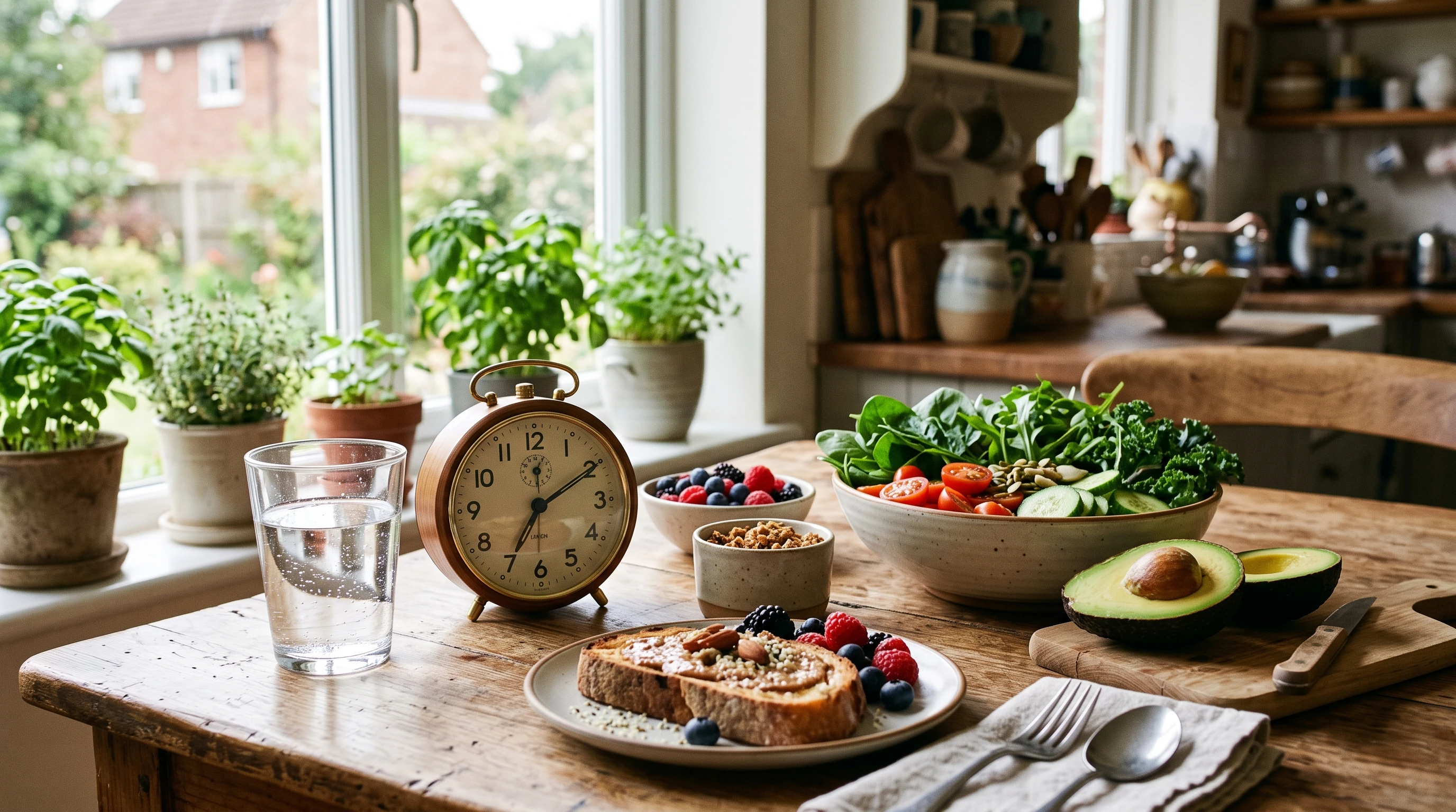 A still life of a glass of water and a clock on a kitchen table among leafy greens and avocado. The scene is bright and inviting, showing a clean eating environment.