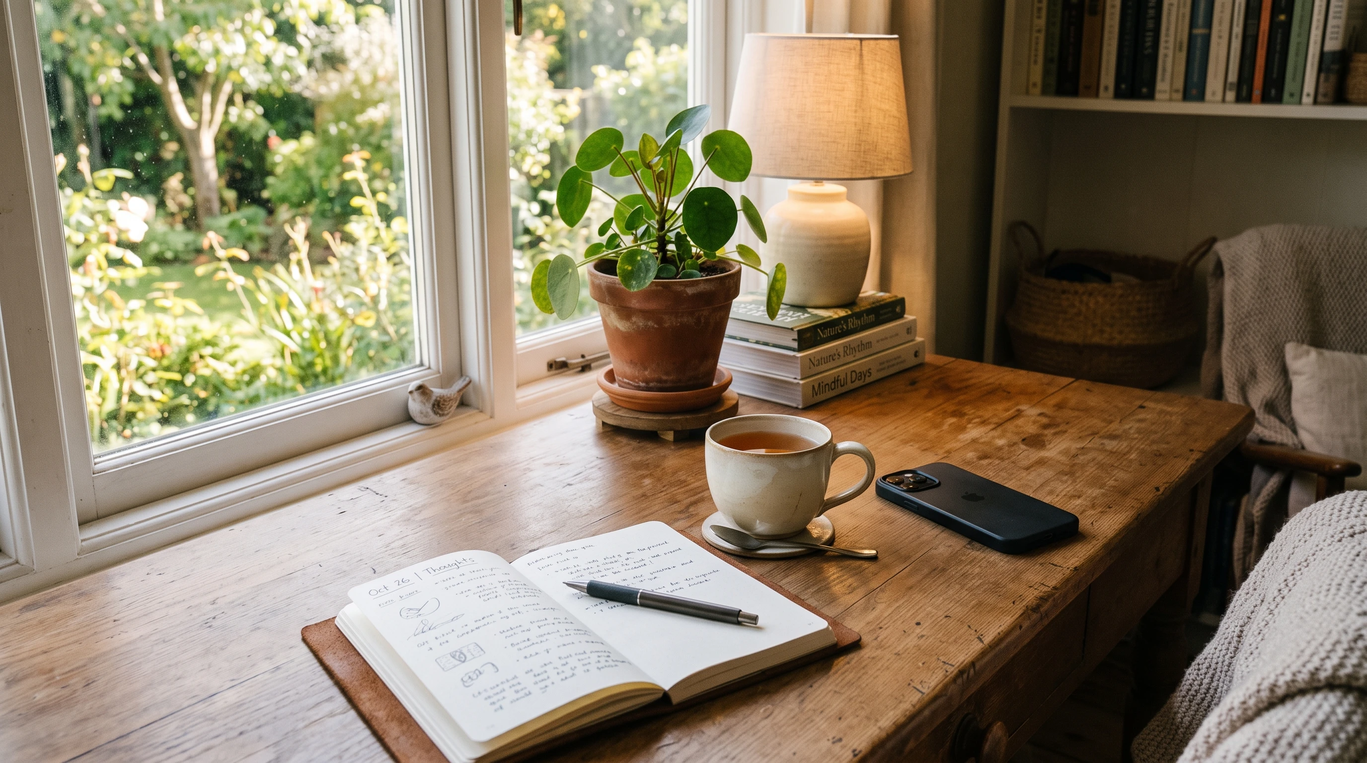 A cozy workspace featuring a notebook, pen, cup of tea, and a smartphone turned facedown next to a window with sunlight streaming in. A small plant and soft lighting create a calm atmosphere with no visible people.