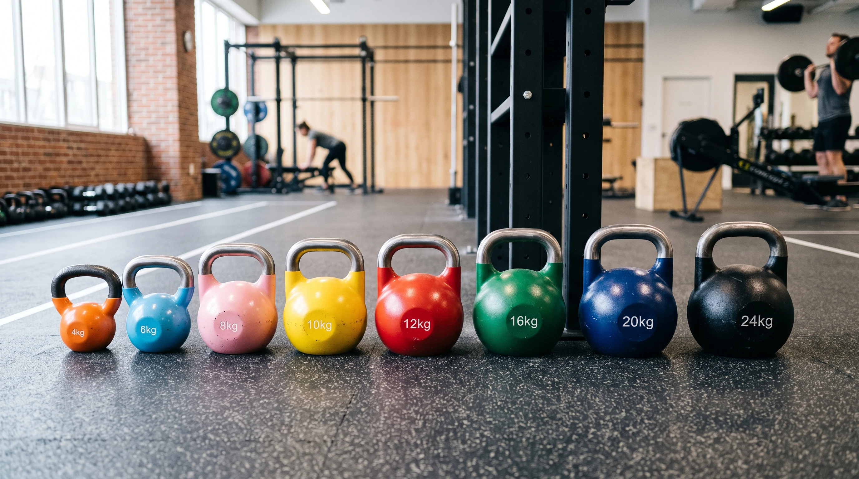 A row of kettlebells with different colored handles lined up on a clean gym floor. Each kettlebell is a different size and weight, displayed in a bright, well-lit gym environment.
