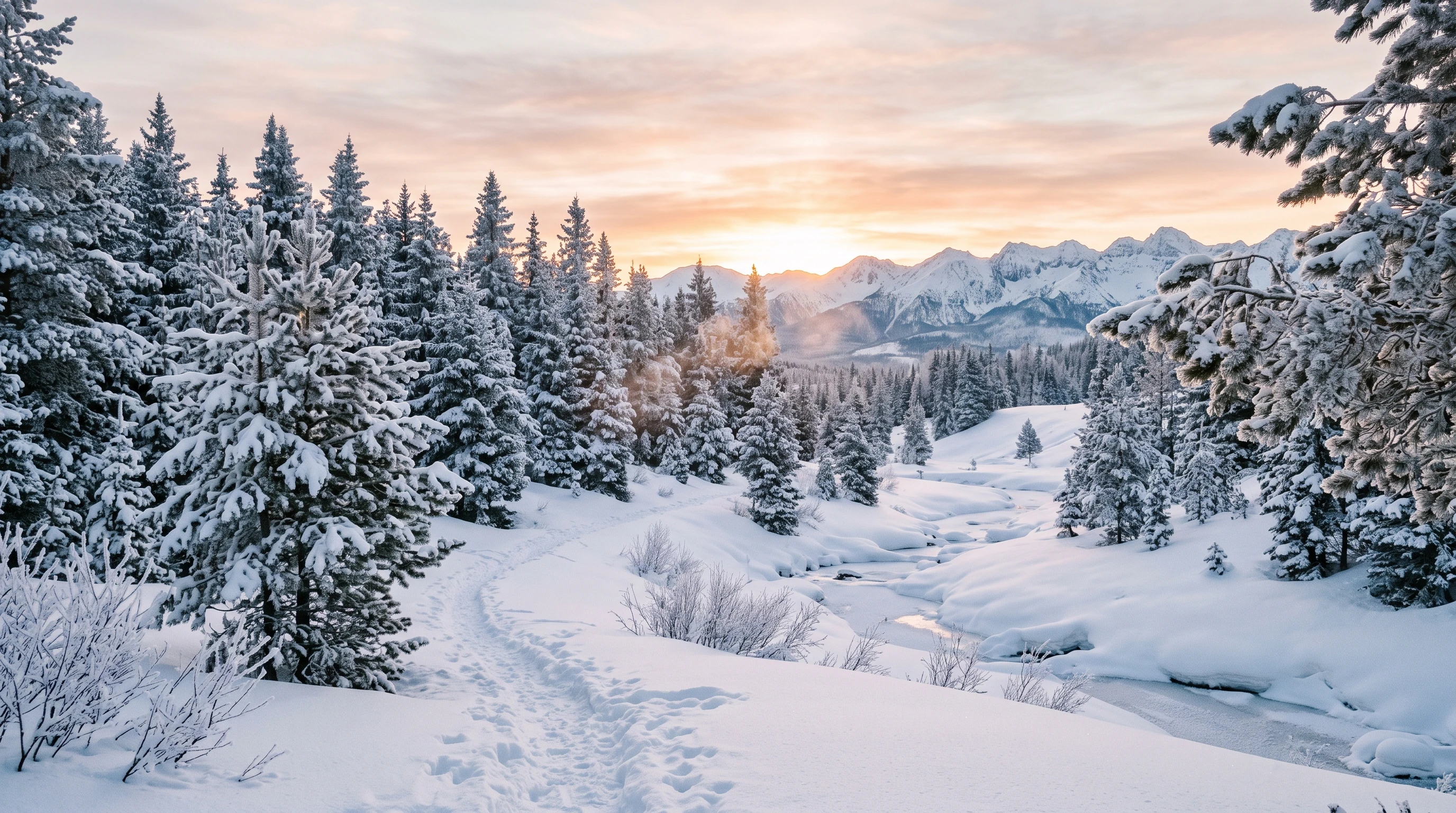 A serene winter landscape showing snow-covered pine trees and a gentle sunrise, evoking a sense of cold adaptation and seasonal beauty.