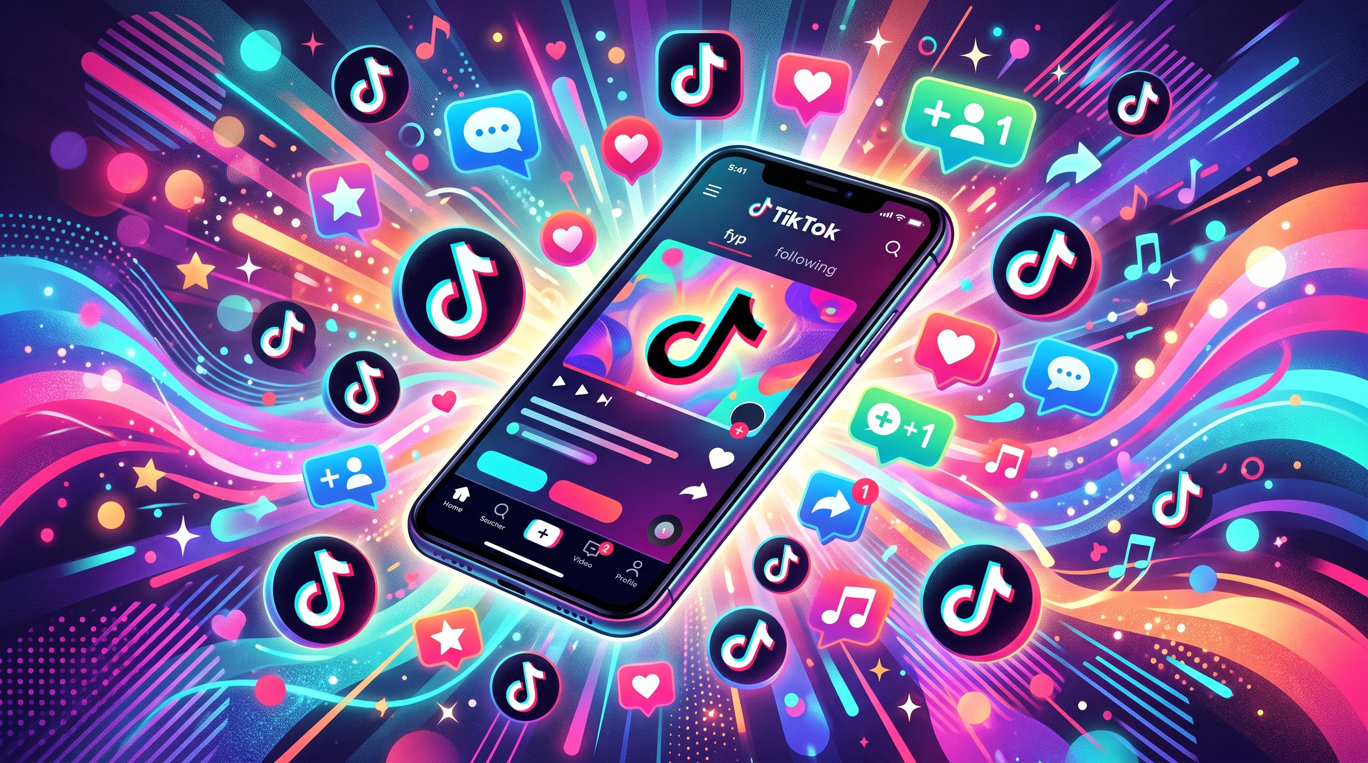 A vibrant digital illustration of a smartphone surrounded by TikTok app icons and colorful notification symbols. Background includes abstract shapes reminiscent of popular short video effects. No people visible.
