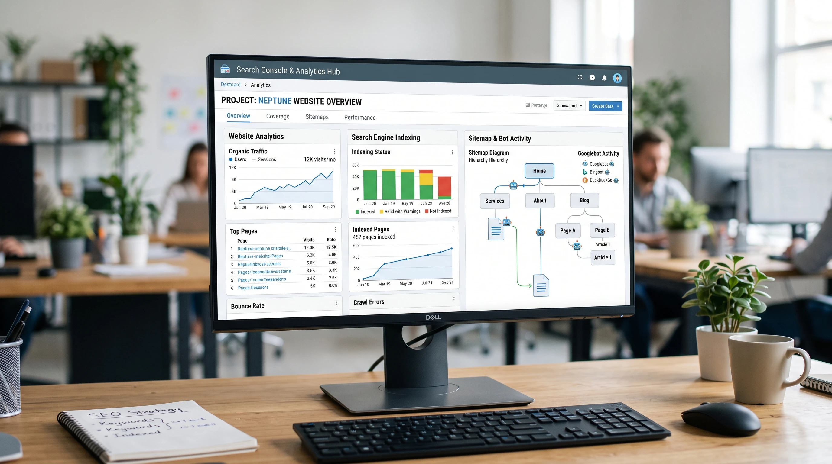 Placeholder image of a computer screen showing website indexing analytics, charts, and a search engine dashboard.