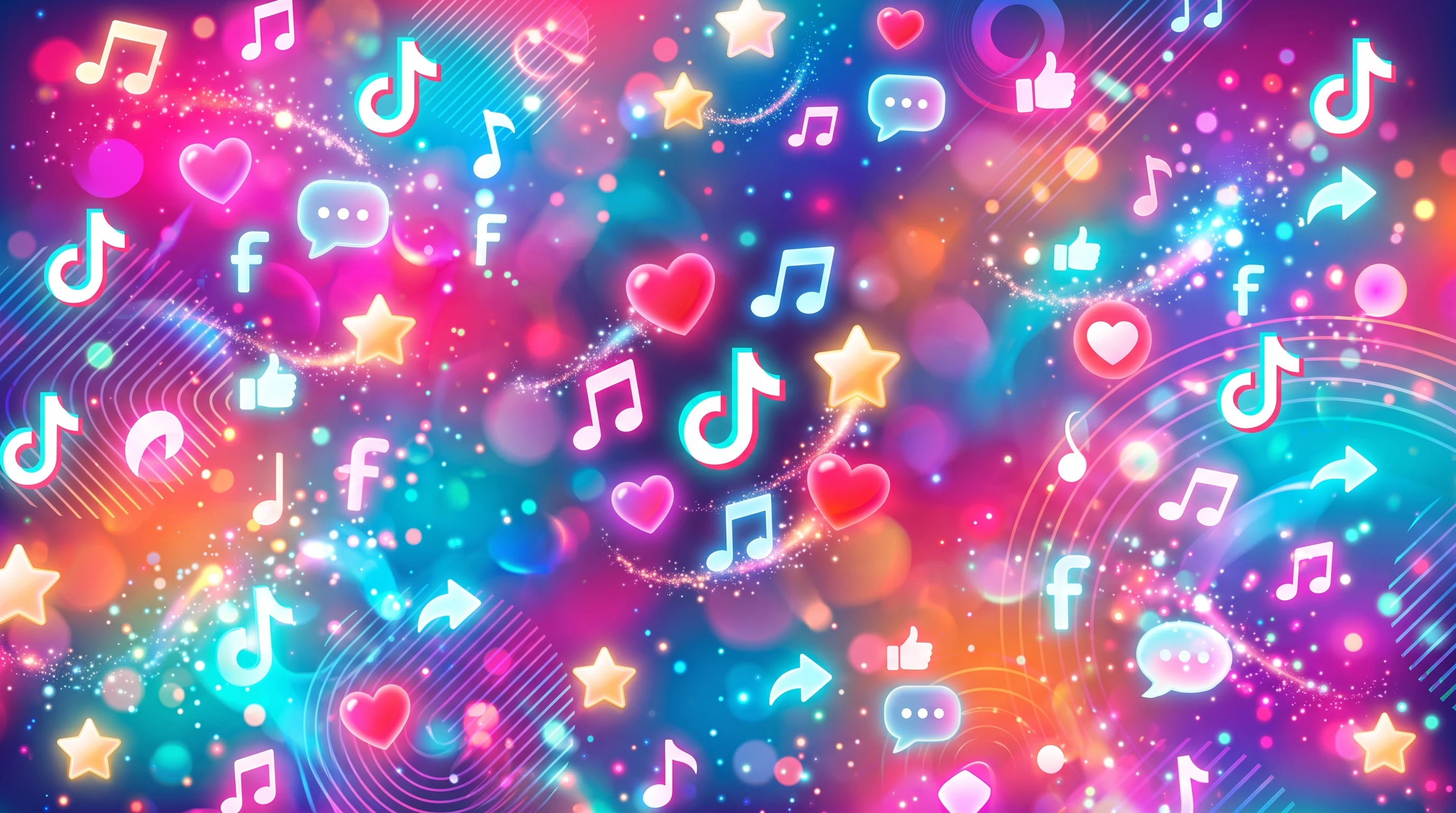 bright, creative abstract background with floating social media icons like hearts, stars, and music notes for a TikTok themed visual