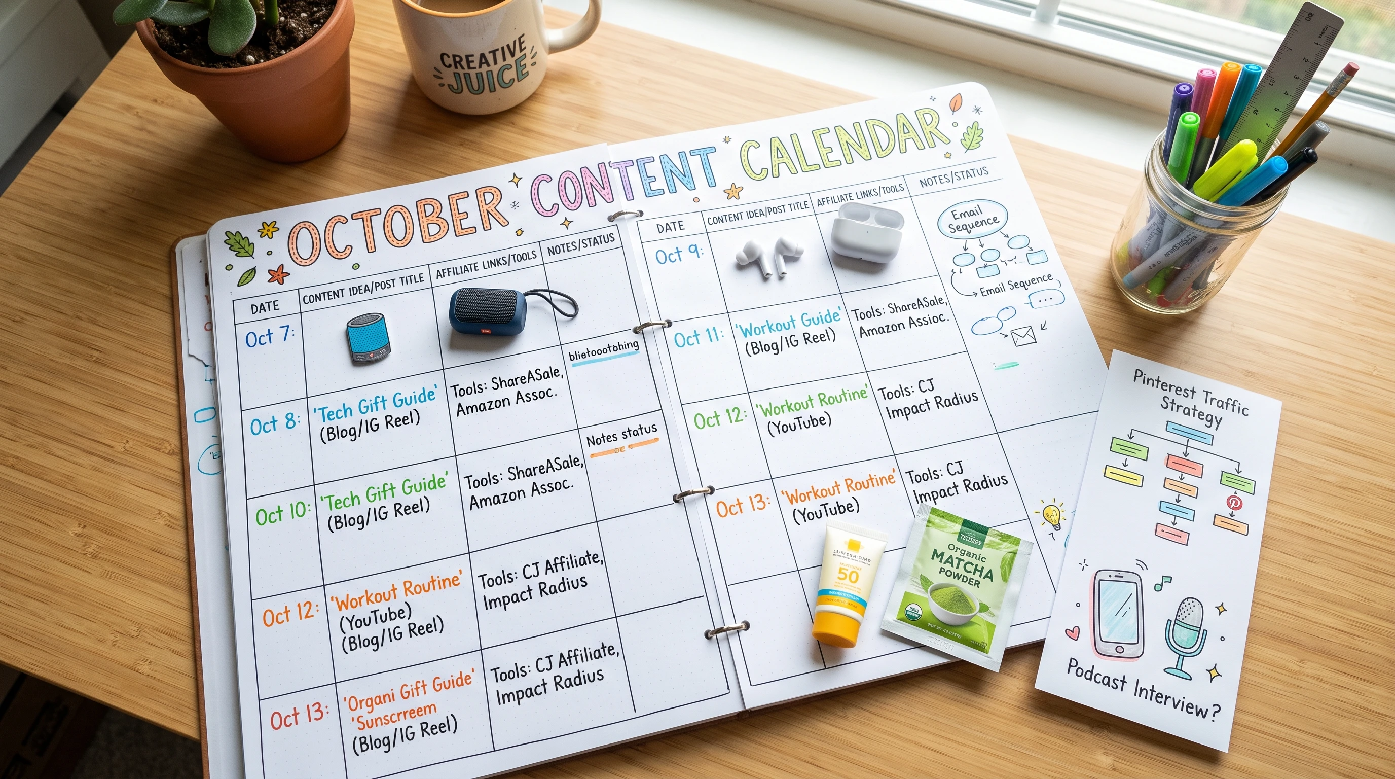 A neat, organized content calendar with affiliate marketing tools, notes, and idea sketches on a wooden desk. Bright colors and product images add to the creative vibe.