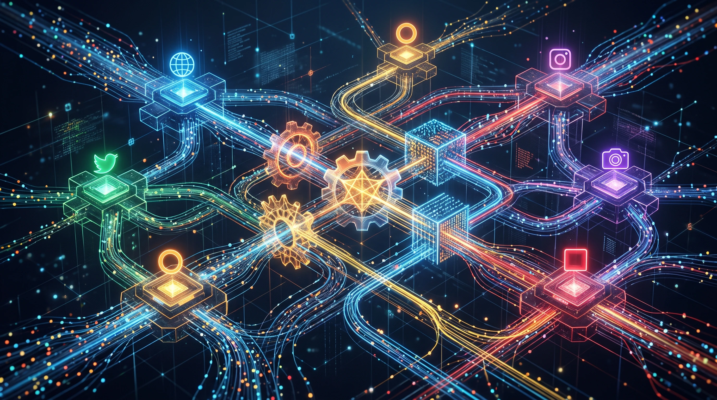 Stylized abstract visualization of social media data flows and algorithmic filtering in a digital landscape