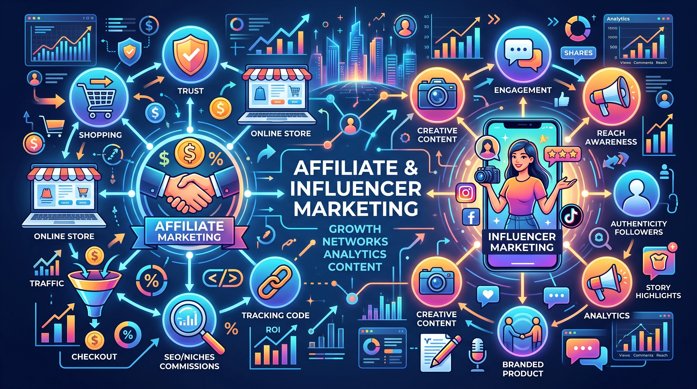 Visual representation of affiliate vs influencer marketing, showing digital connections, content, and analytics.