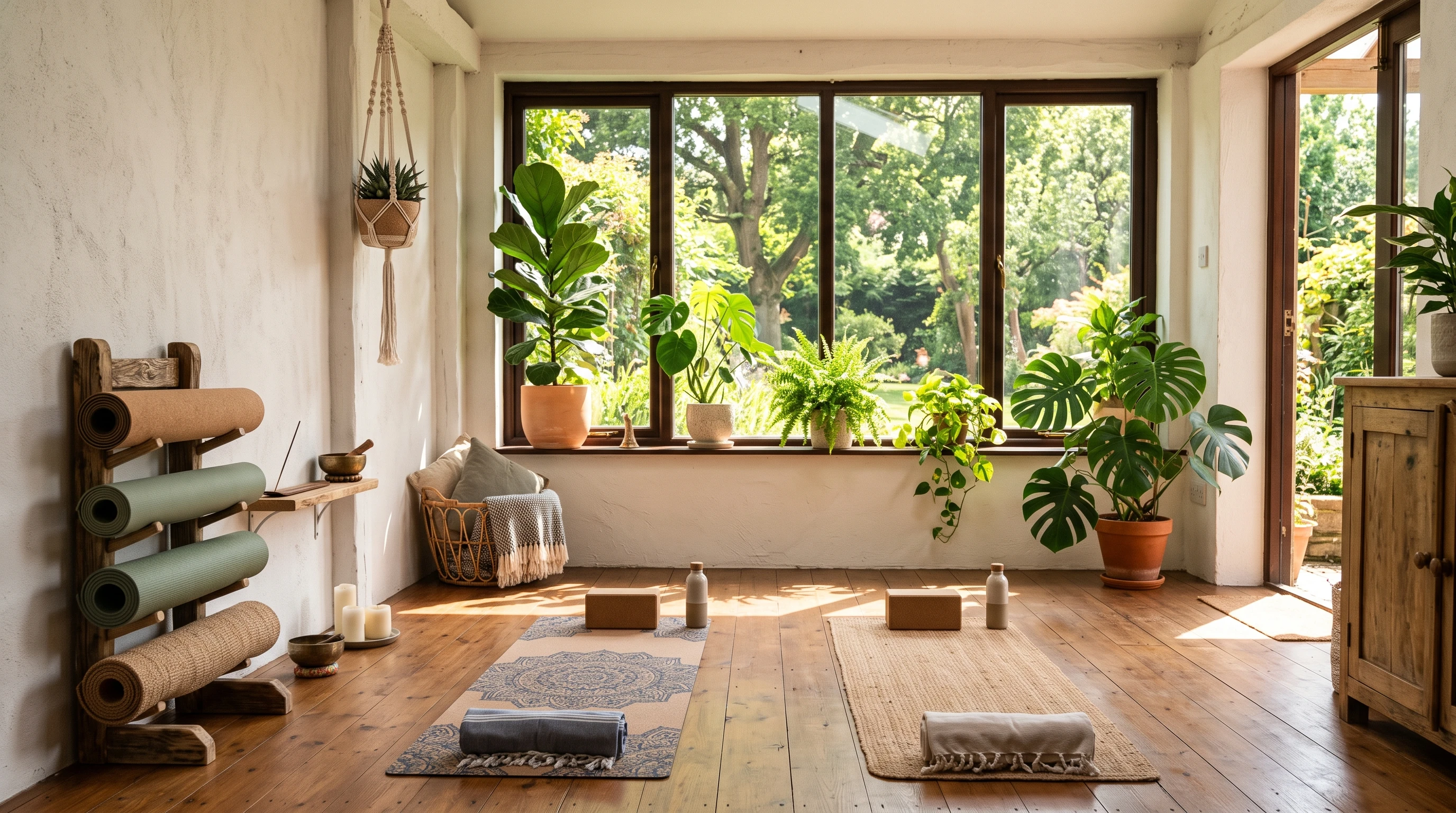 A tranquil indoor setting with yoga mats, plants, and natural sunlight streaming through windows. No people present.