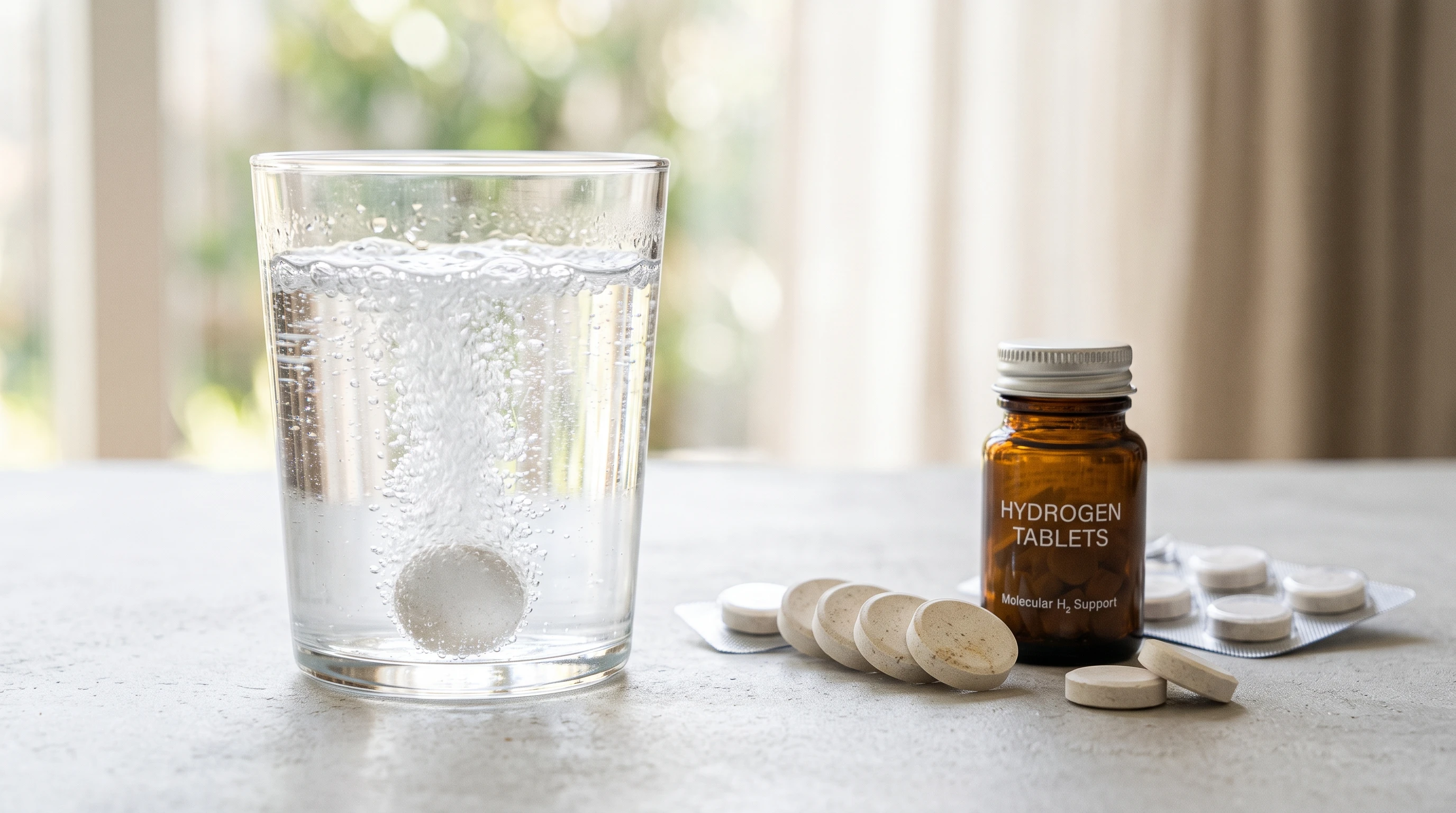 variety of hydrogen water tablets on a clean white background