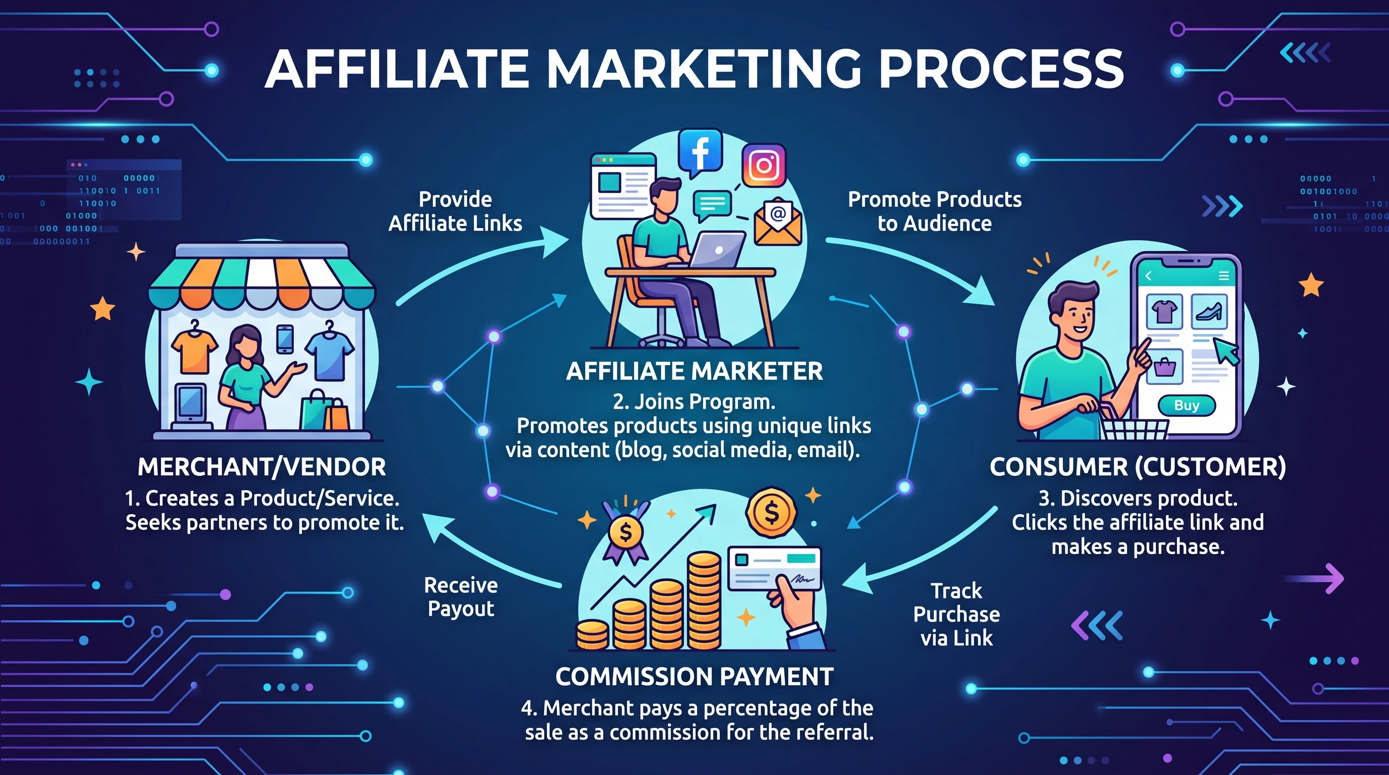 An illustrated flowchart of the affiliate marketing process: merchant, affiliate, consumer, and commission icons, set against a simple digital background showing network connections