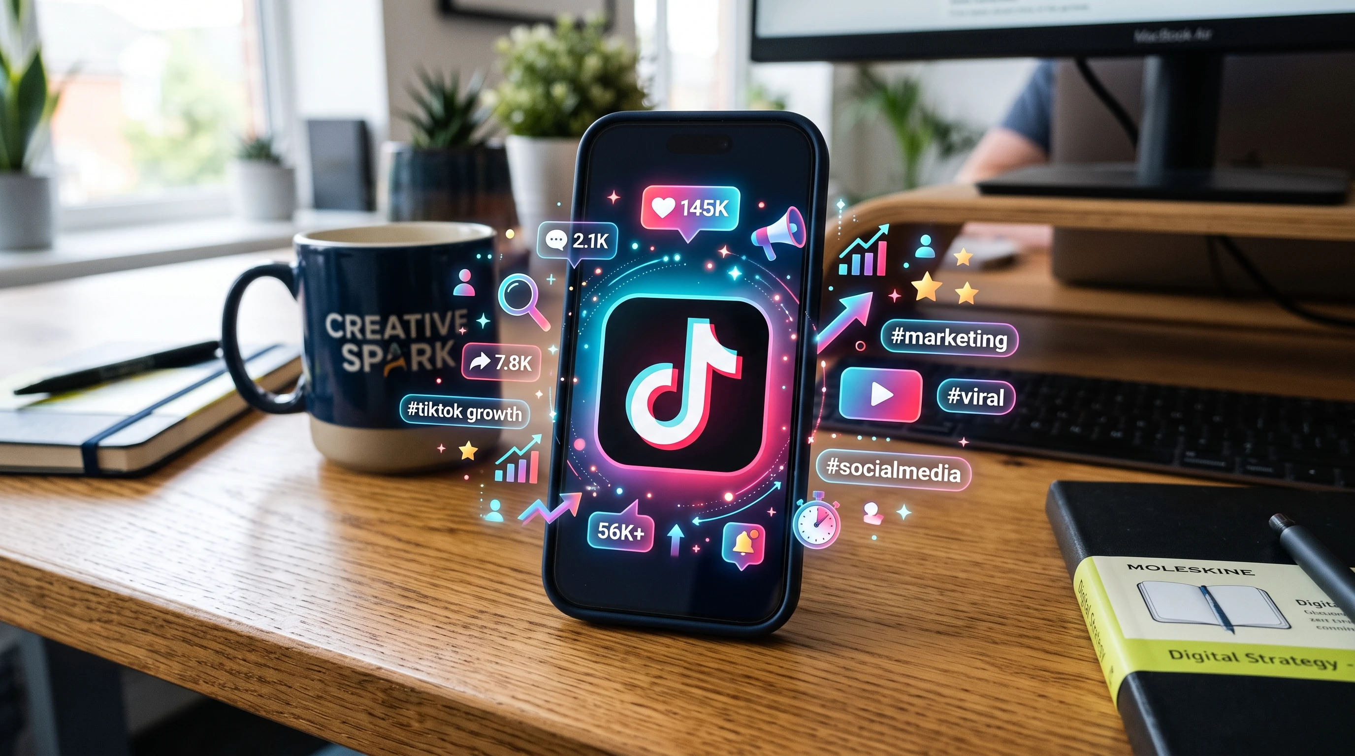 A smartphone on a desk showing the TikTok logo surrounded by various marketing icons and digital elements representing social media activity