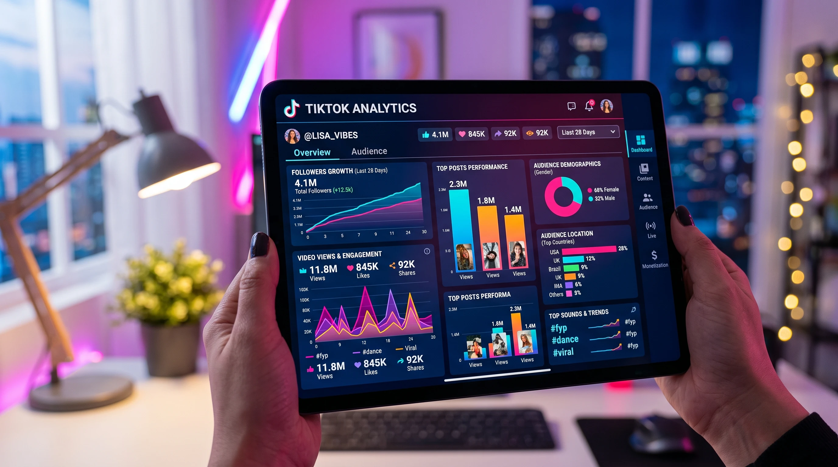 Colorful TikTok analytics dashboard with trending charts, pie graphs, and mobile devices.