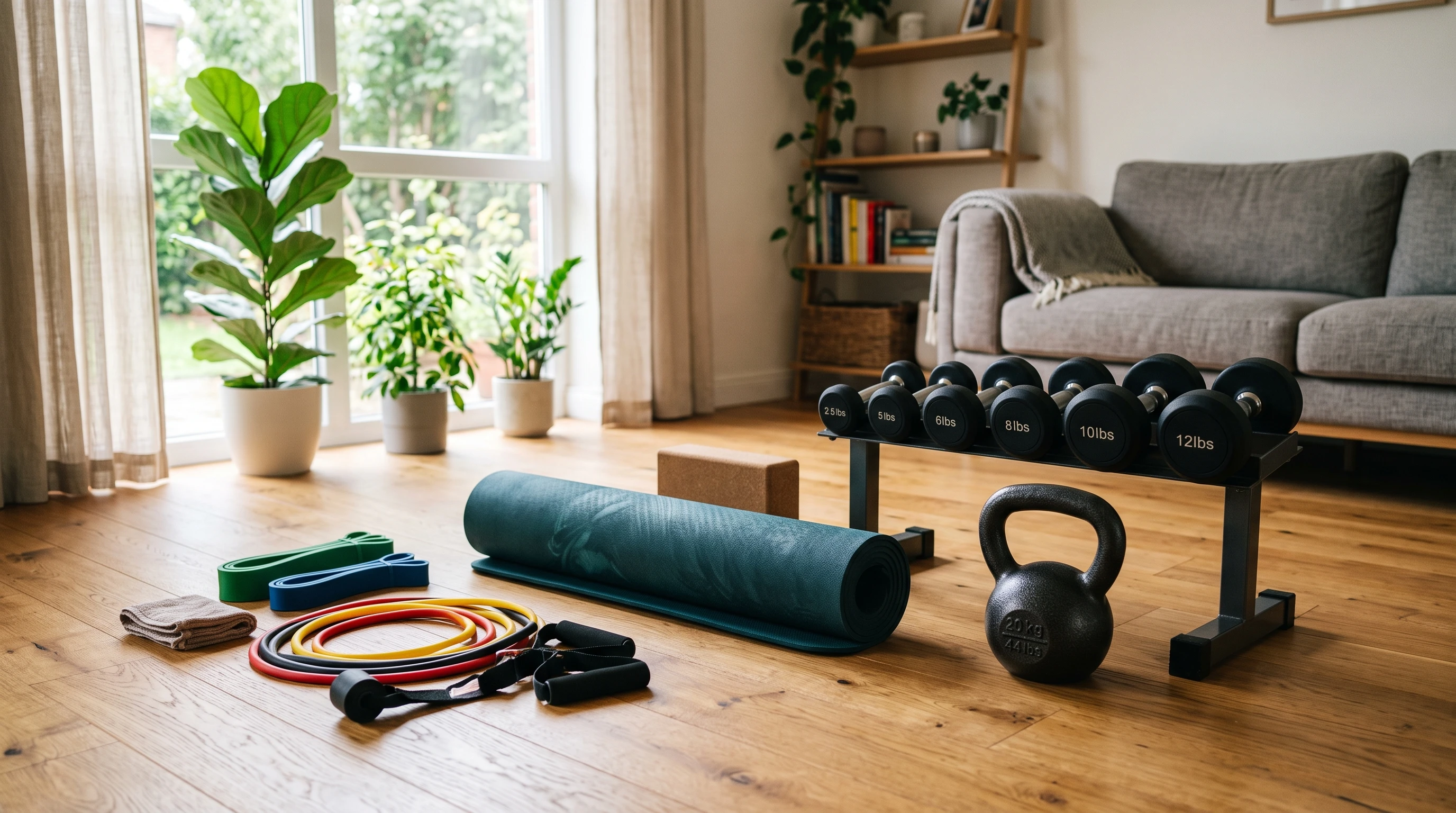 A variety of home exercise equipment like dumbbells, resistance bands, and a yoga mat arranged in a bright living room setting. Natural lighting and a clean layout make the space inviting for a workout.