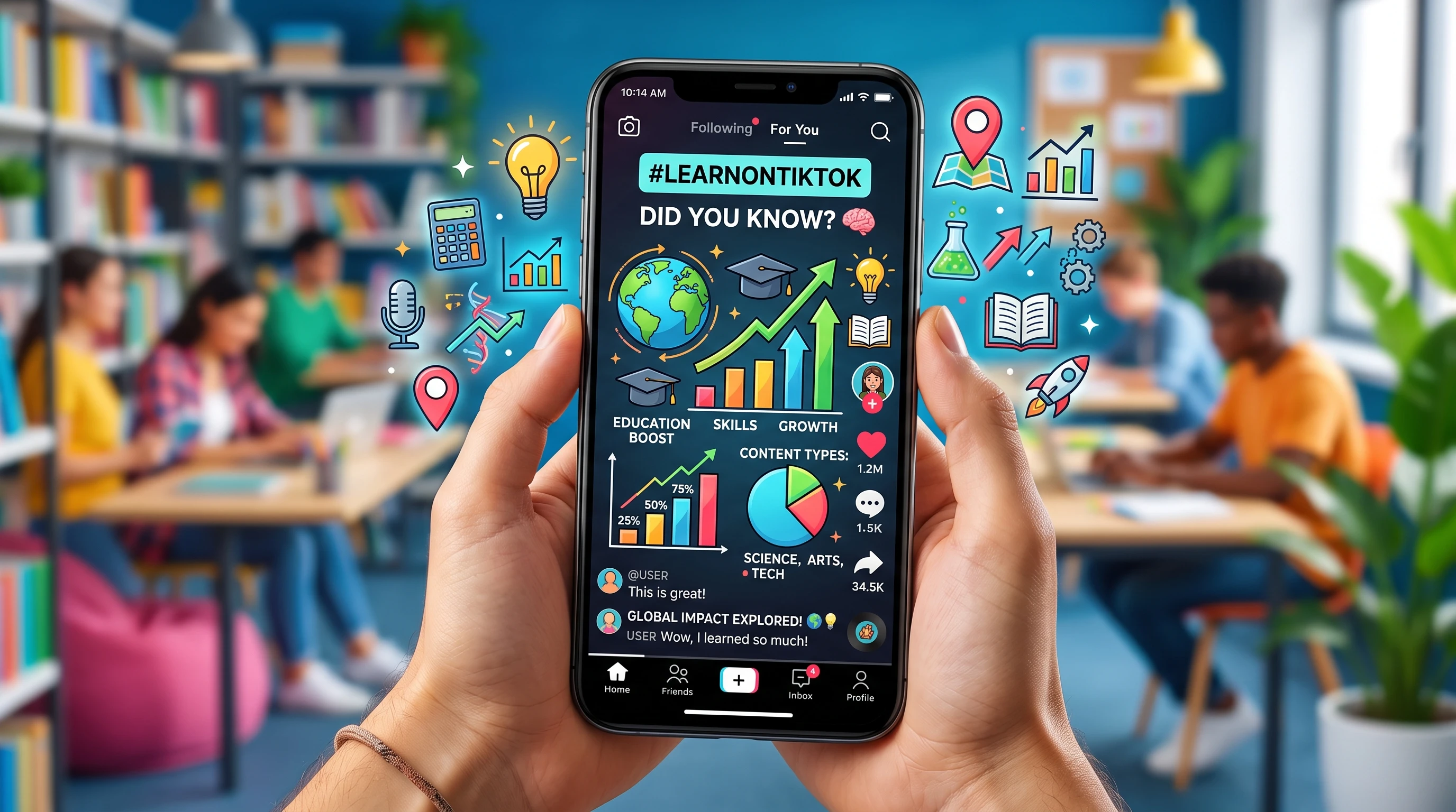 A collection of educational icons, animated charts, and colorful infographic elements set within a vibrant smartphone interface, symbolizing TikTok's role in delivering information.