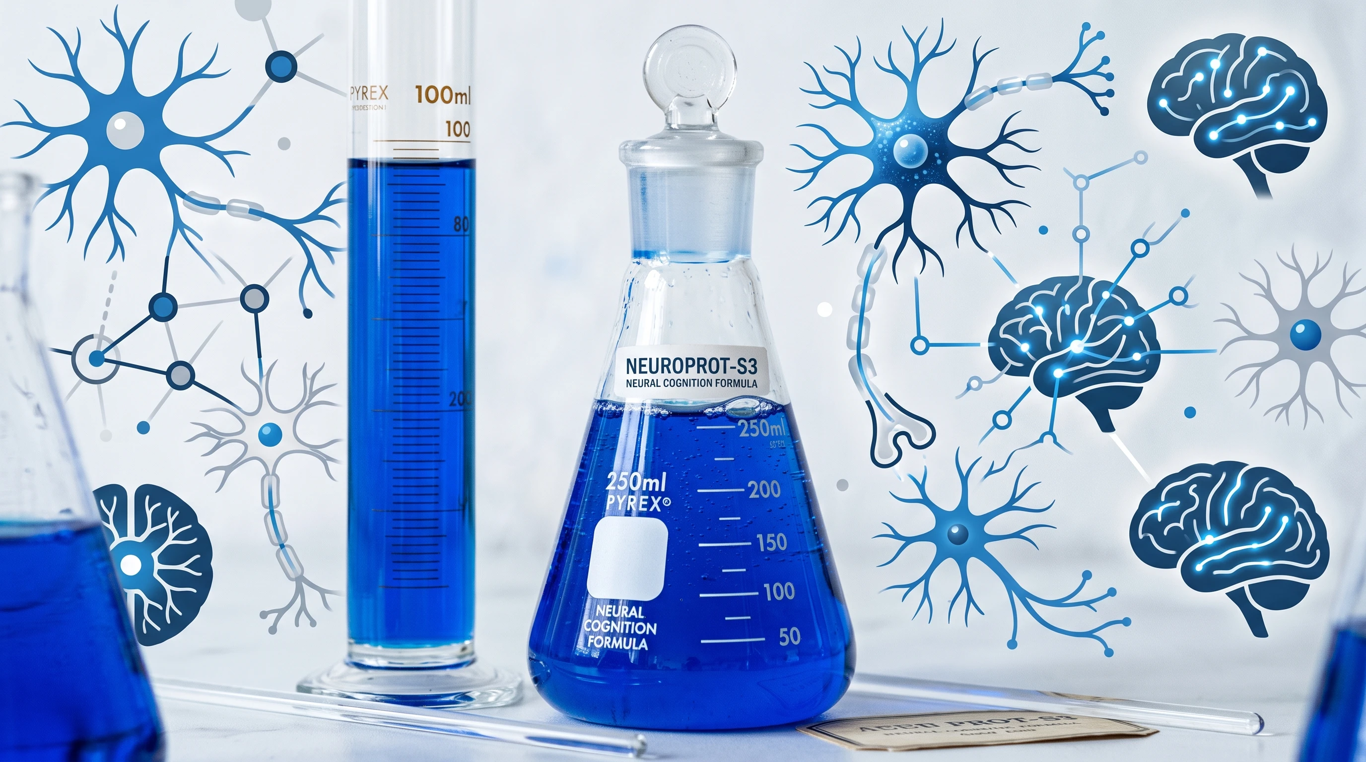 Neuroprotective supplements and blue laboratory vial on a simple background with neurons and brain graphic