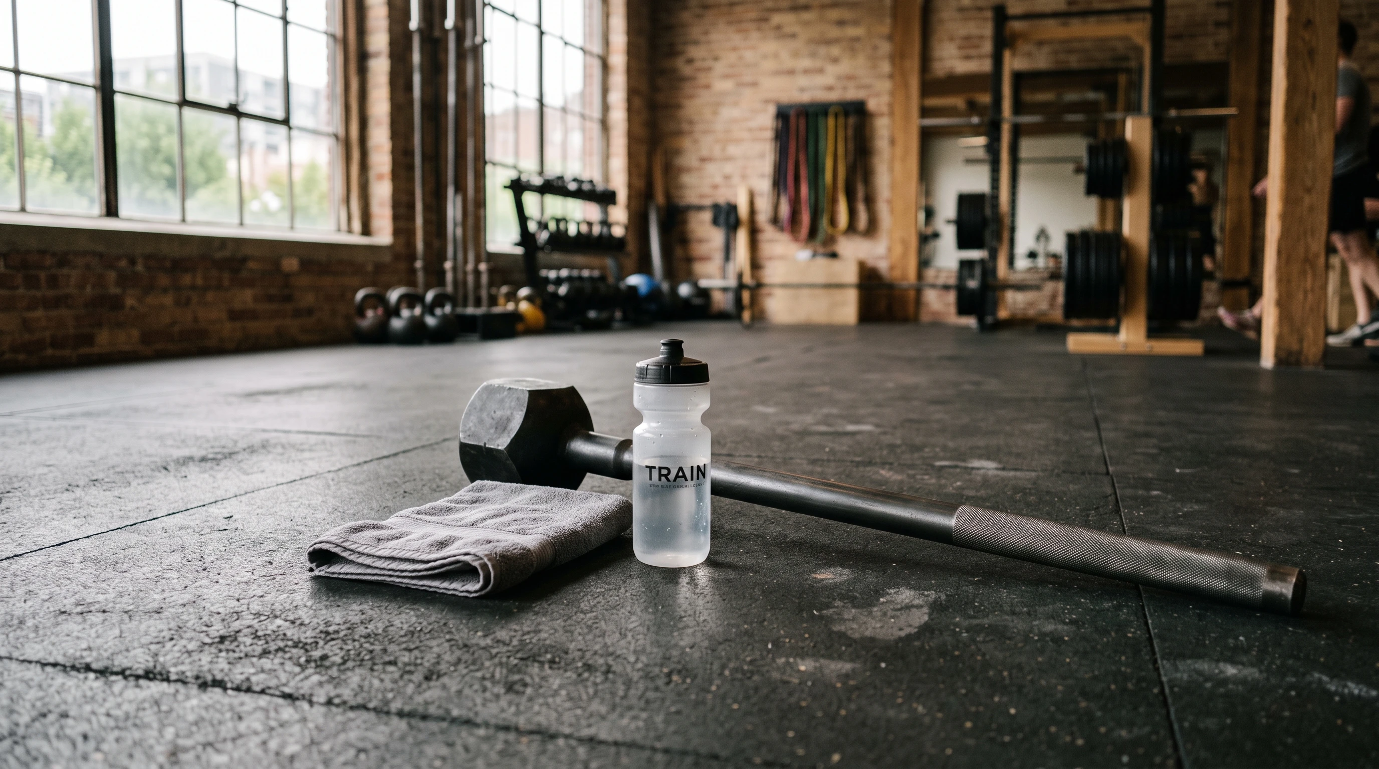 An exercise mace resting on a gym floor next to a water bottle and towel, with sunlight streaming in