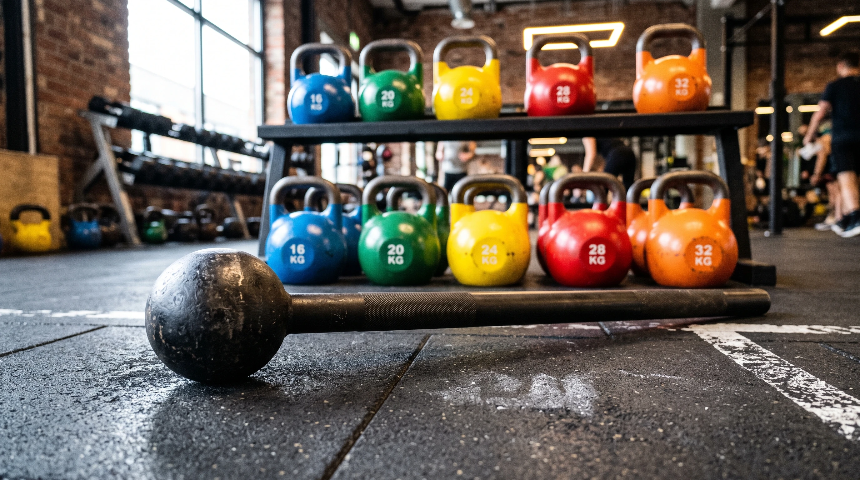 Heavy steel mace on gym floor with colorful kettlebells in background