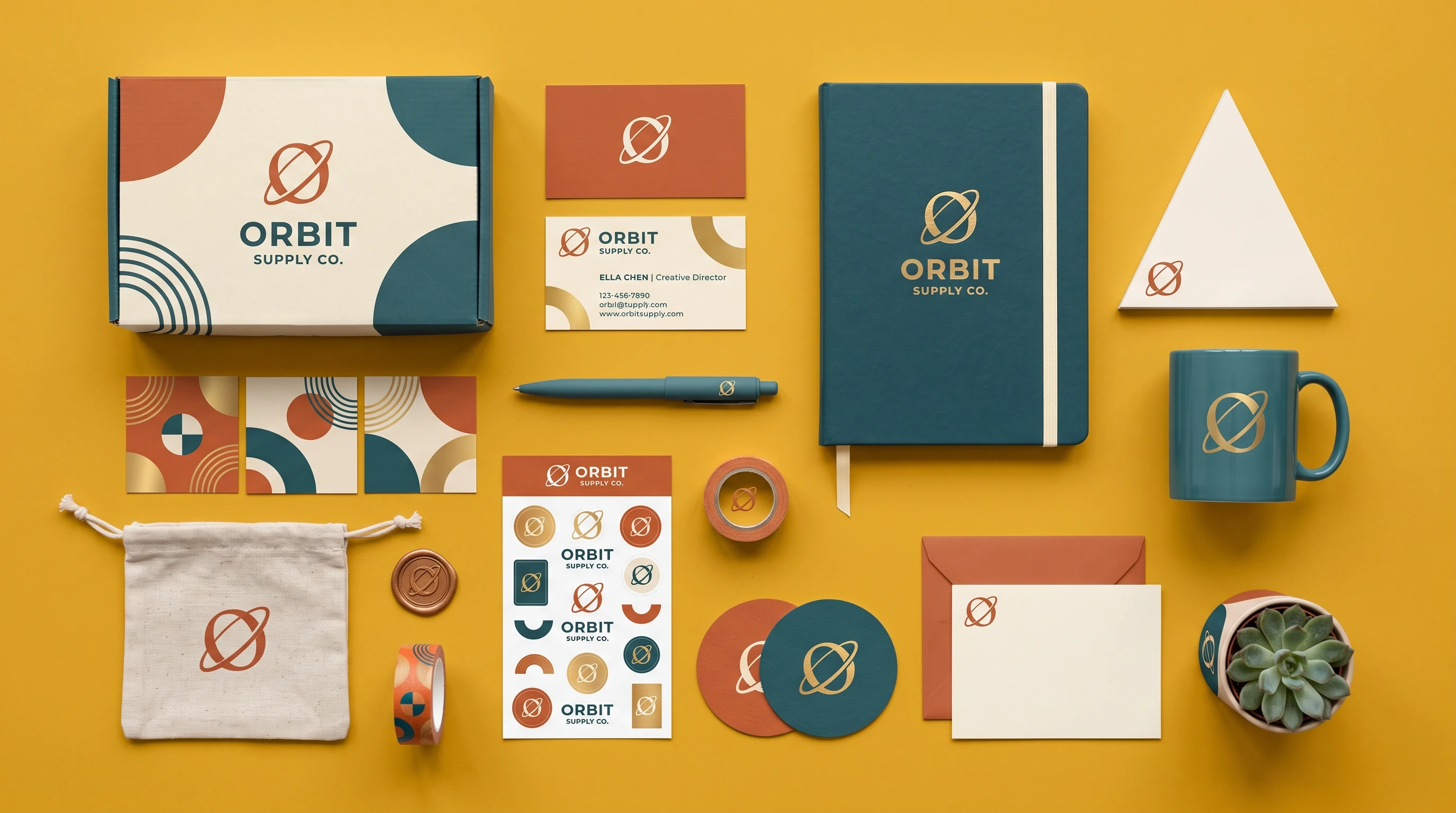 A flat lay of various branded items such as packaging, business cards, and stationary, emphasizing matching colors, shapes, and unique logo design, arranged neatly on a brightly colored background.