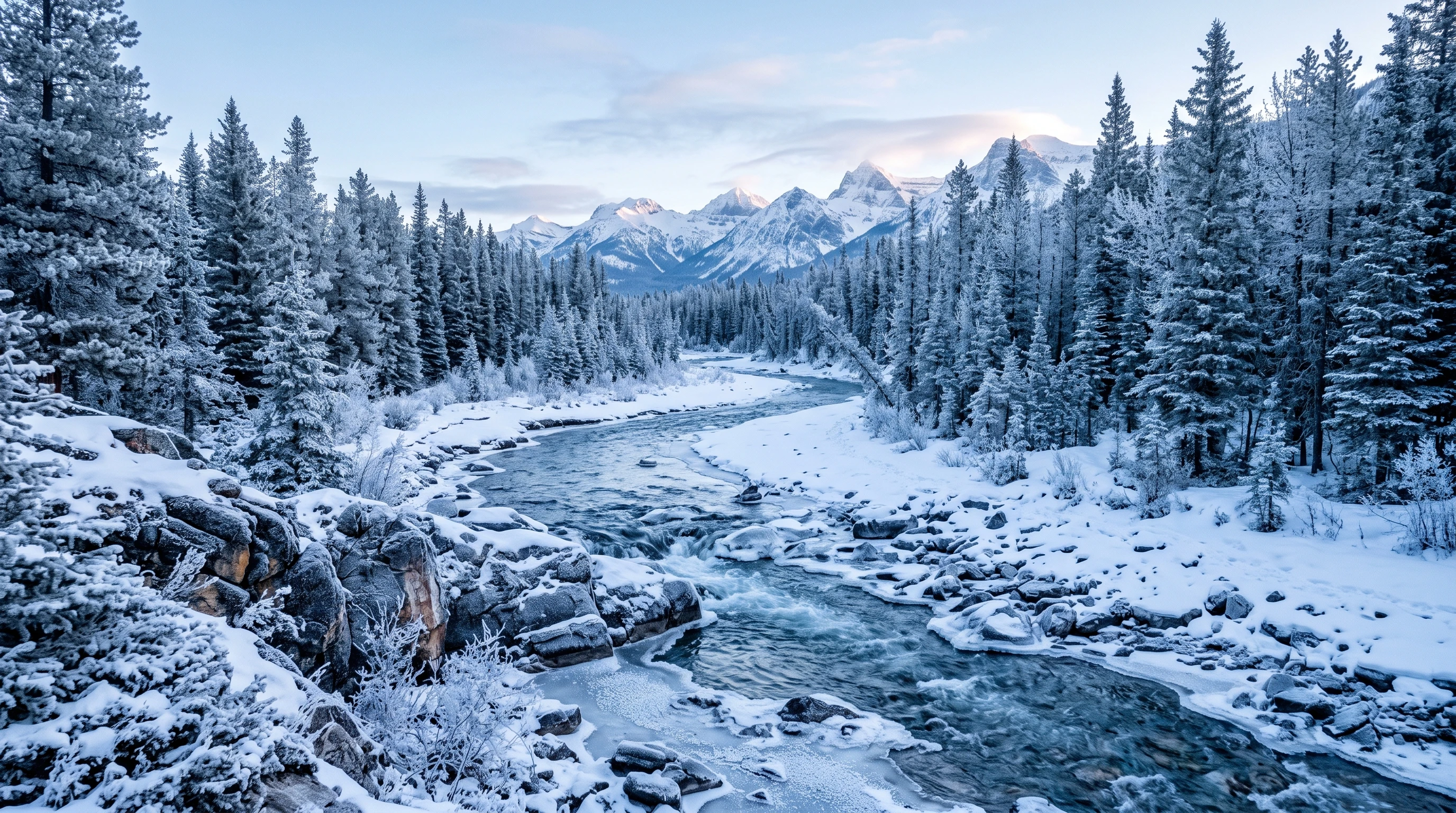 A serene icy landscape with snow, exposed rocks, and a cold flowing river winding through frosted pine trees. Morning light casts a blue tone over the scene, and sparkling frost highlights the environment.