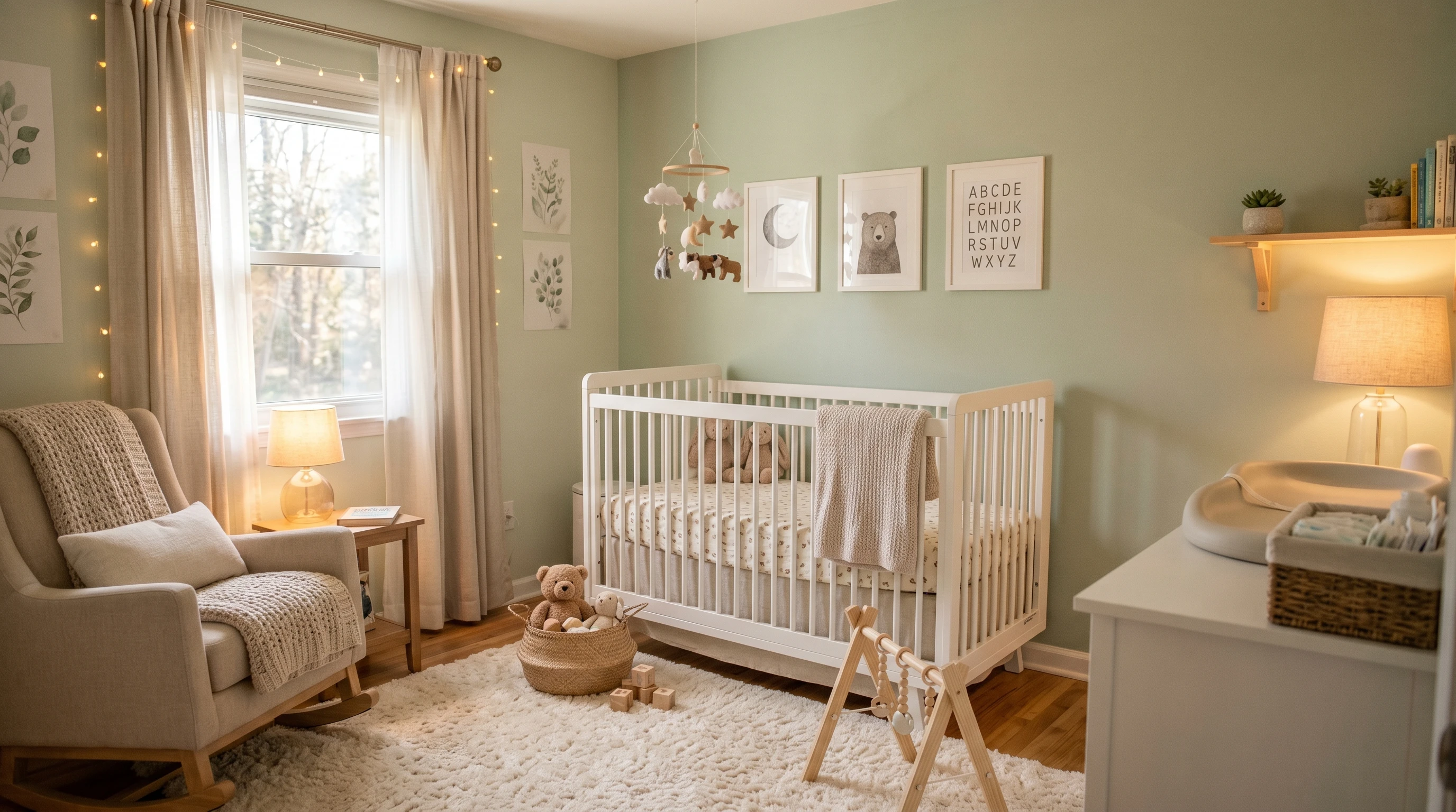 A cozy nursery with soothing soft colors, featuring a crib and gentle natural lighting