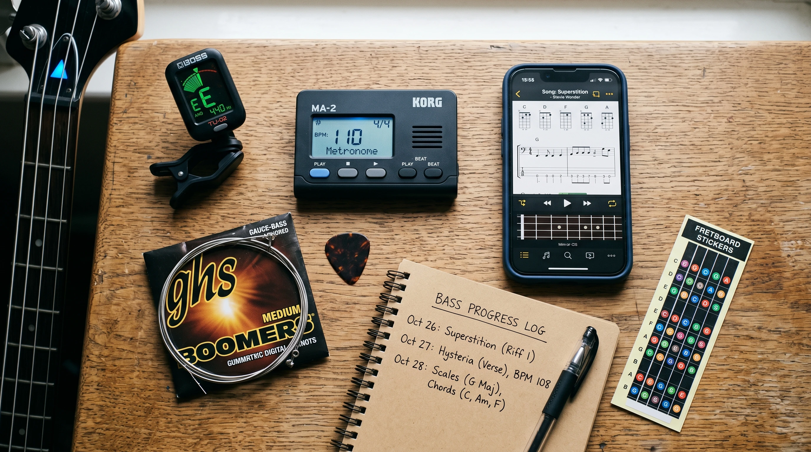 A flatlay of bass guitar practice tools including a digital tuner, metronome, mobile device with music app, colored fretboard stickers, and a notepad for tracking progress.