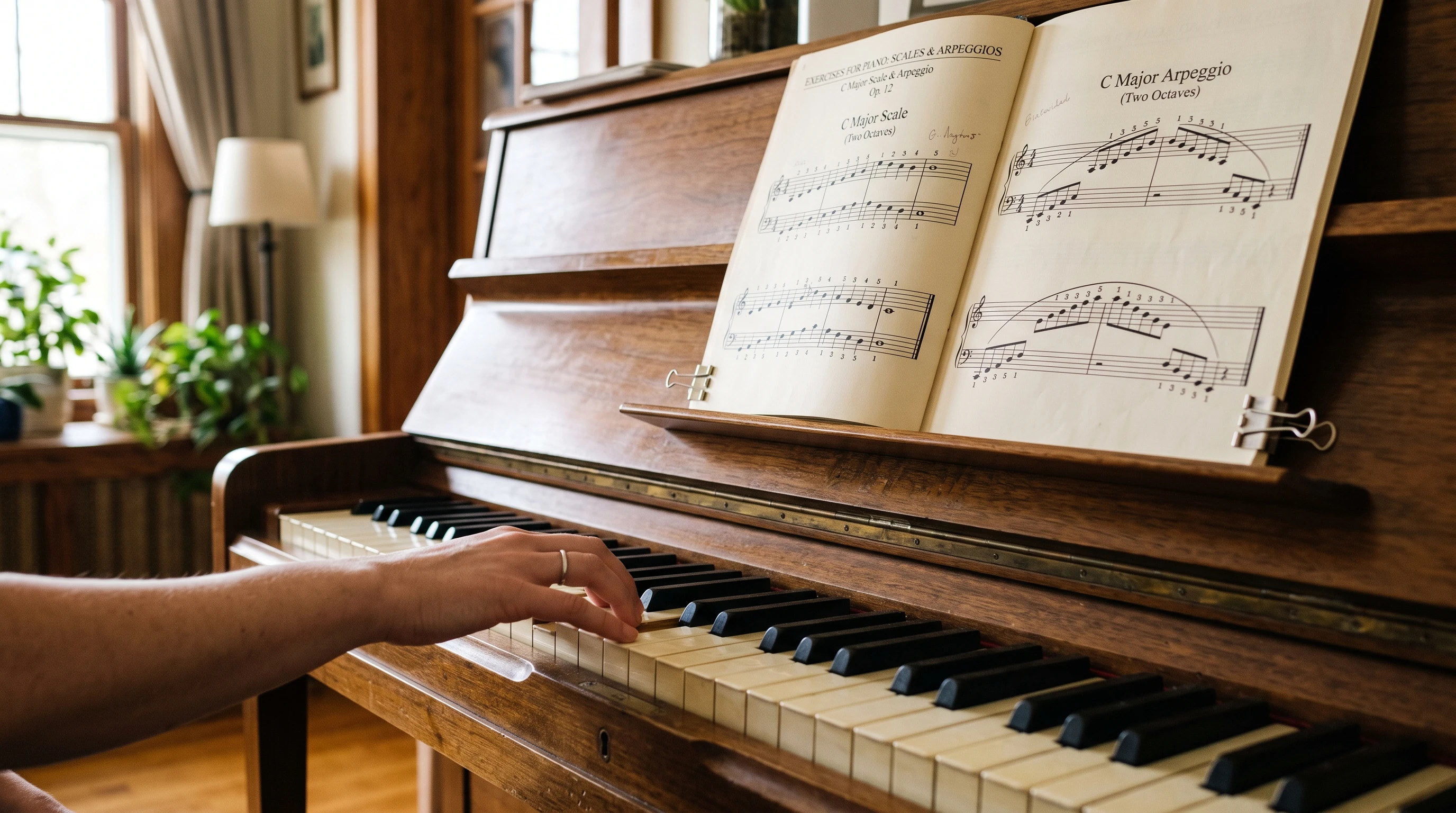 A close-up image of piano keys, with sheet music showing scales and arpeggios resting on the stand. Warm natural light gives everything a comfortable, inviting atmosphere.