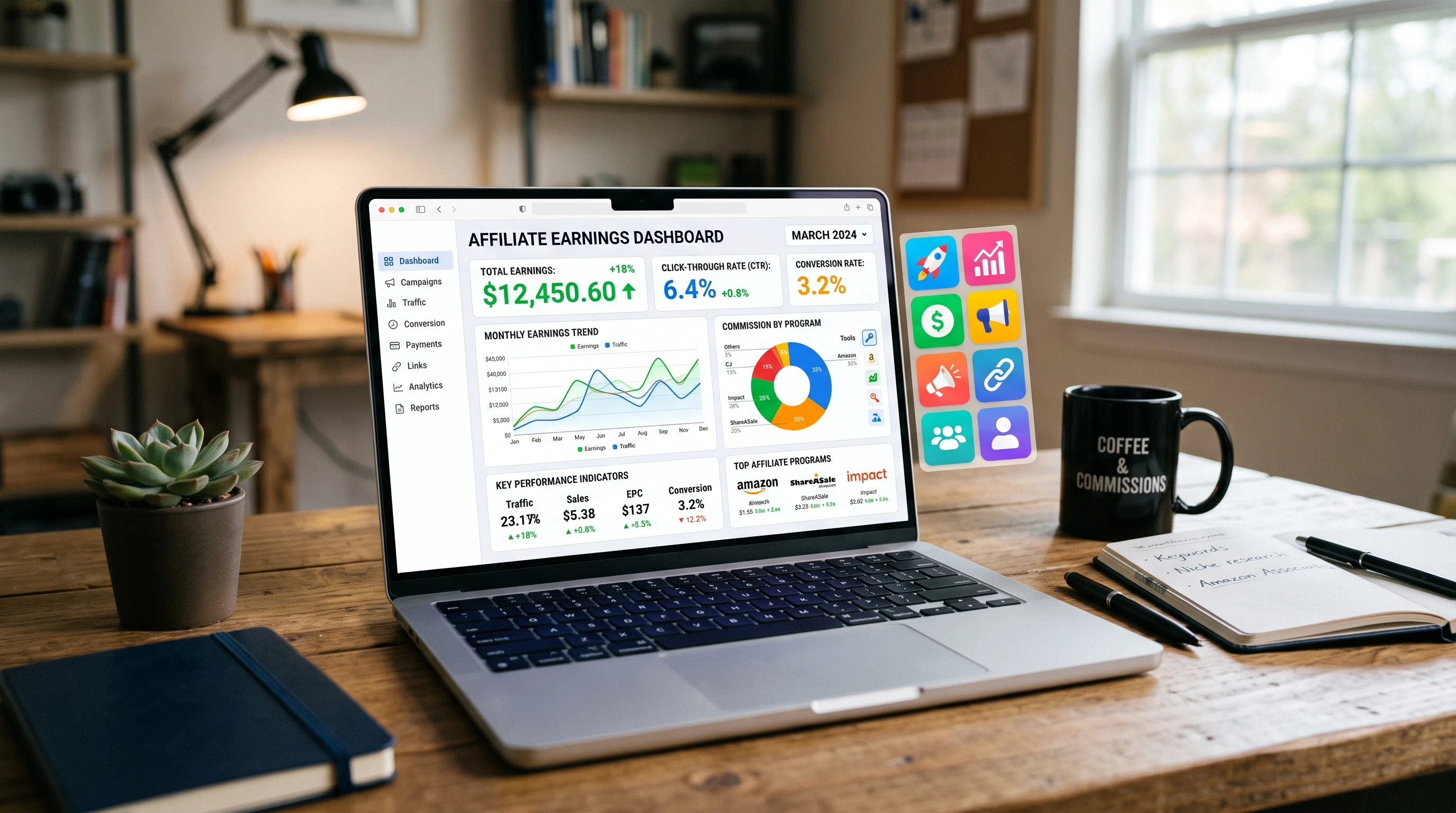 A laptop computer on a simple workspace desk, open to a dashboard showing statistics and graphs of affiliate marketing earnings. Bright colors and icons highlight the tools and tracking software used in affiliate marketing.