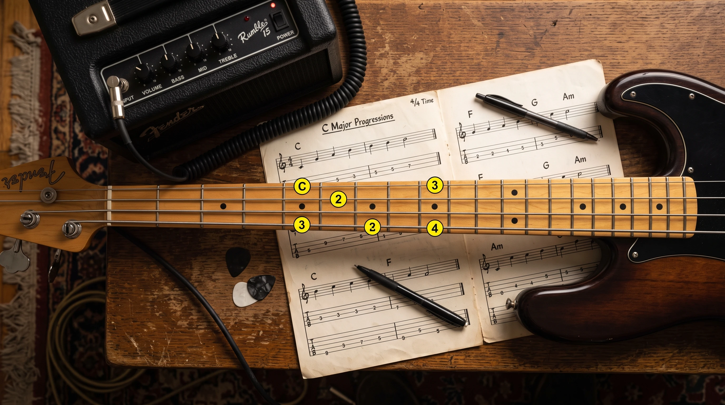 Closeup of an electric bass guitar, focused on a player's fingers pressing the strings, with chord diagrams and simple music notation in the background.