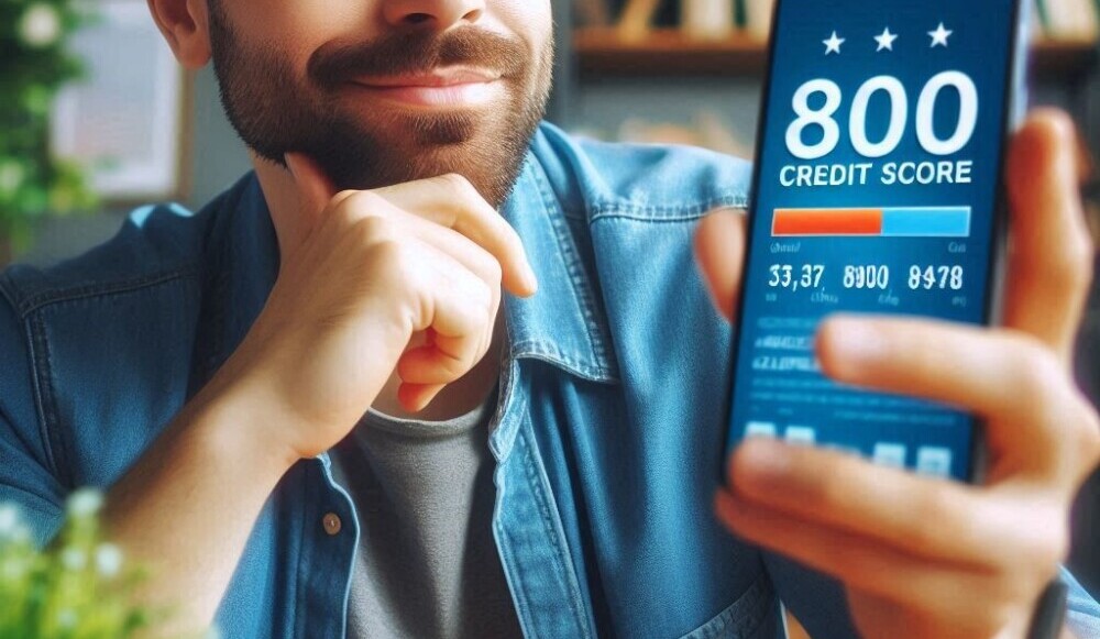 A man holding a cellphone displaying a 800 credit score
