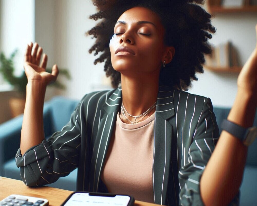 woman worshipping as she reviews her finances