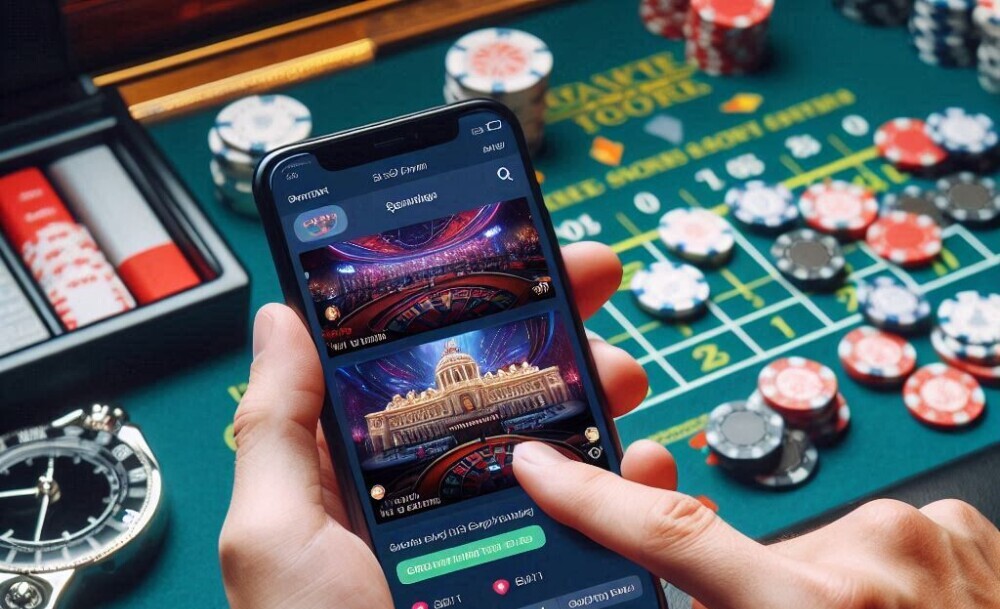 A man at a poker table looking at a betting app table has poker chips