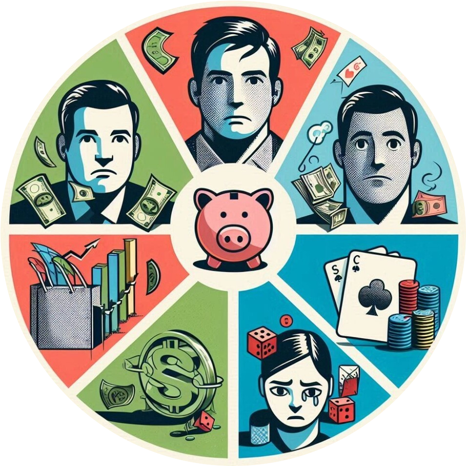 A circular diagram that shows gambling saving investing worry