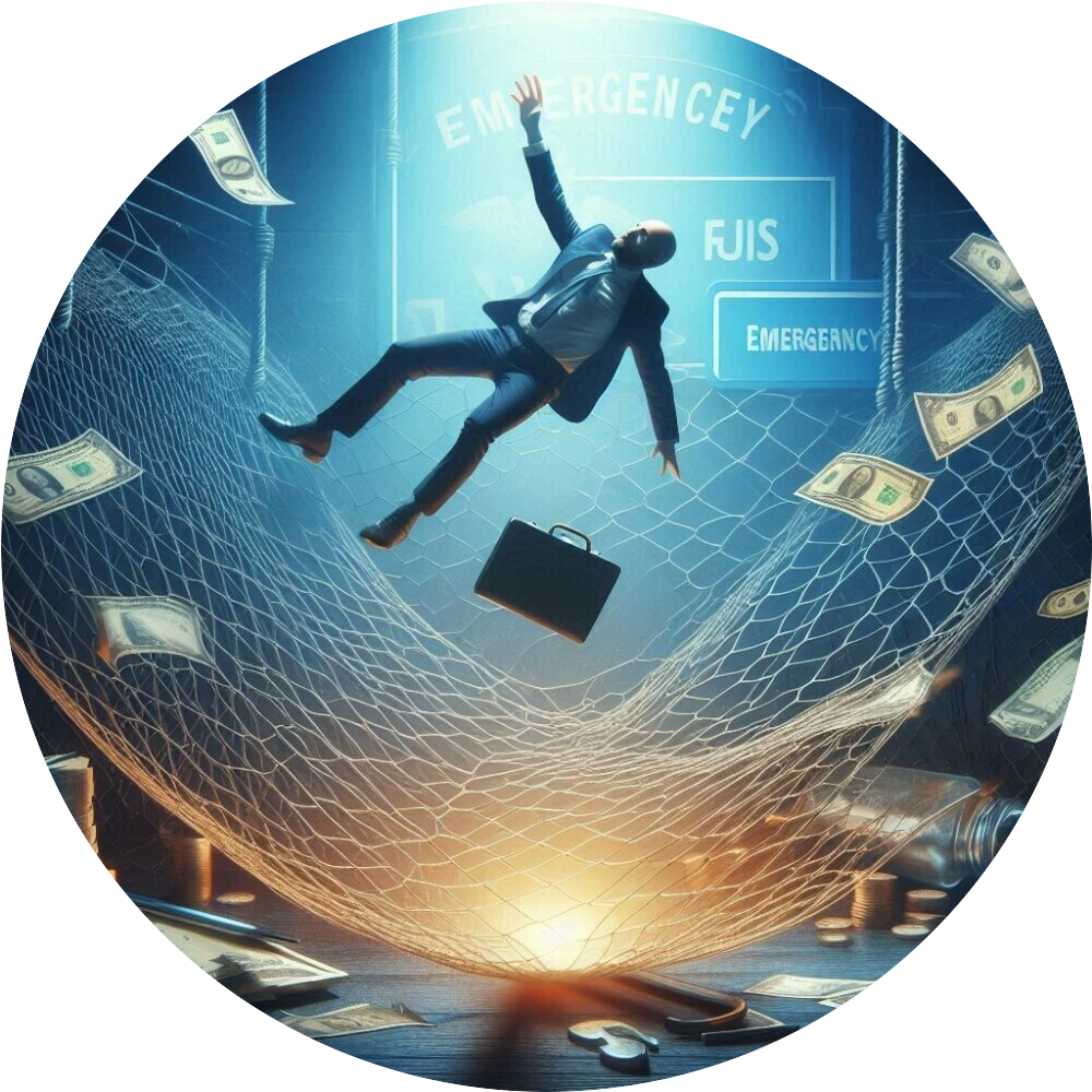man falling into an emergency fund safety net with money around