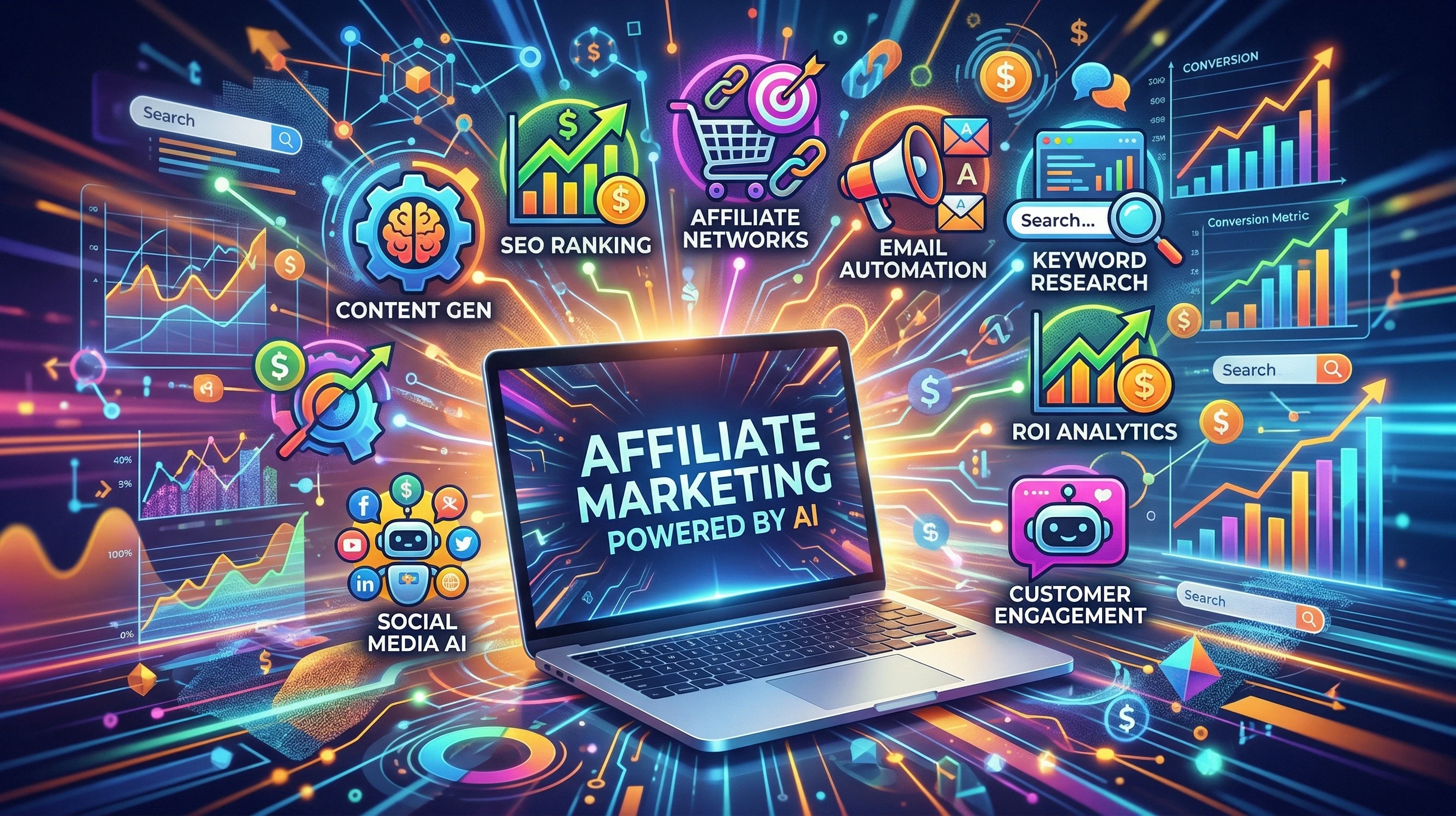 An abstract visual showing colorful digital icons representing various AI tools for affiliate marketing. A laptop and digital elements like charts, search bars, and email symbols float in a creative tech-centric workspace.
