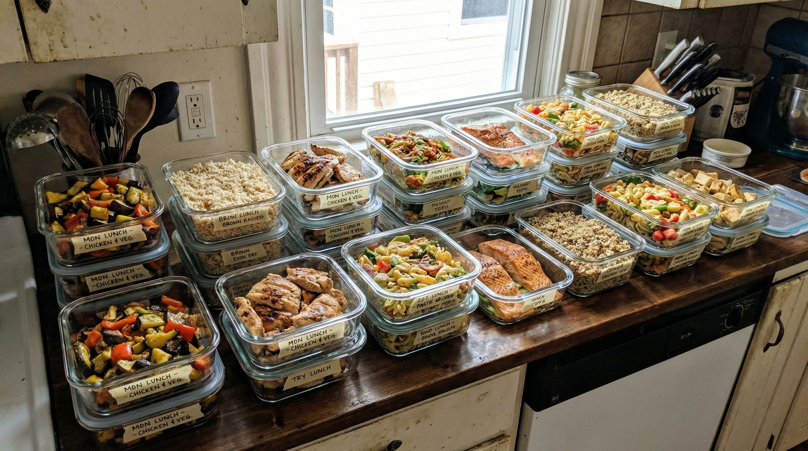 A colorful, well-organized selection of prepped meals in containers on a kitchen counter. Each container features different affordable meal options, such as vegetables, rice, lean proteins, and pasta. Natural lighting highlights the freshness and variety.