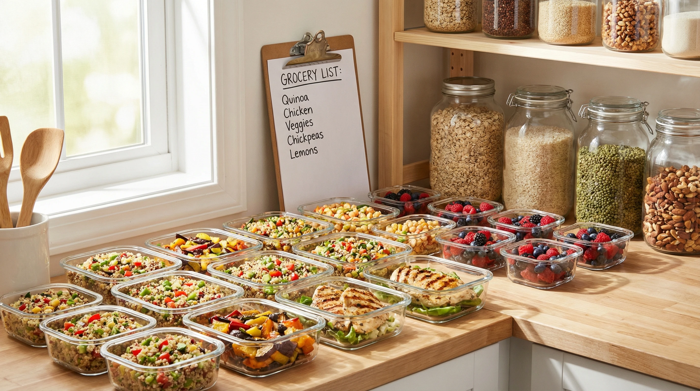 A colorful spread of organized meal prep containers filled with vegetables, grains, and proteins, next to a grocery shopping list and reusable bags. The background is a kitchen counter with fresh produce and pantry staples.