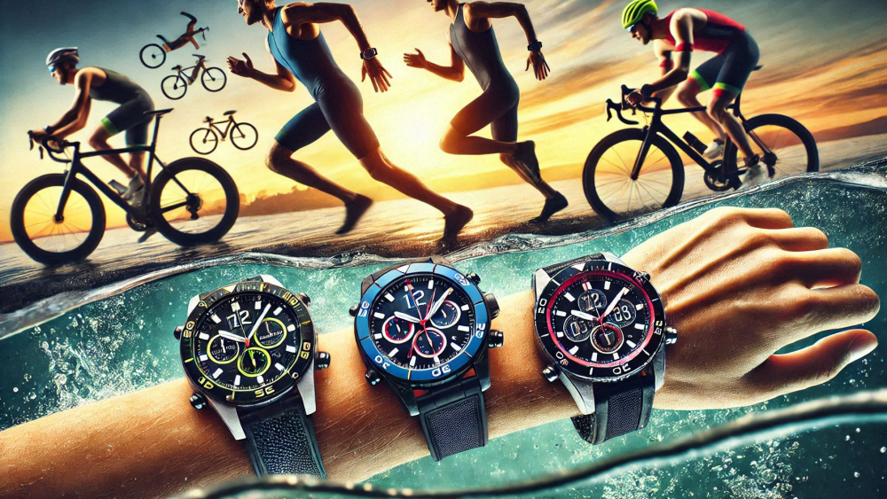 Dynamic and vibrant image showcasing a variety of high-end GPS multisport watches in action. Show at least three different watches, each clearly visible, on the wrists of diverse athletes during their respective disciplines (swimming, cycling, running). 