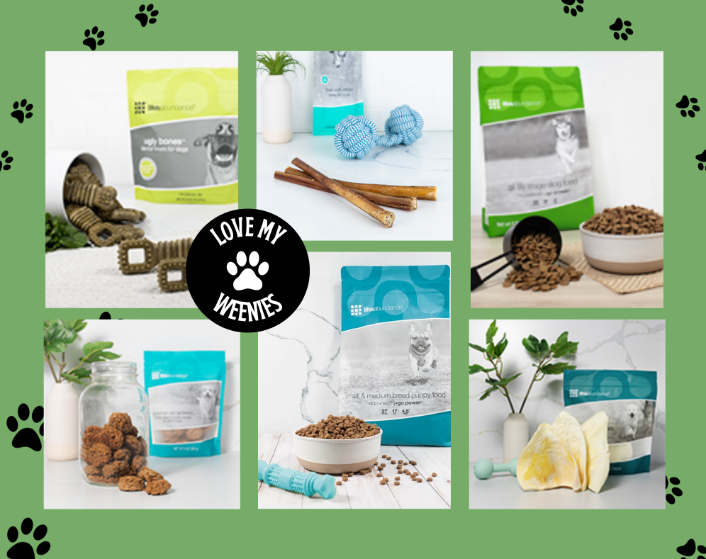 Life’s Abundance dog food and treats recommended by Wonder Weenies, including puppy and adult formulas, healthy chews, and nutritious snacks displayed on a green background with paw prints and a “Love My Weenies” logo.