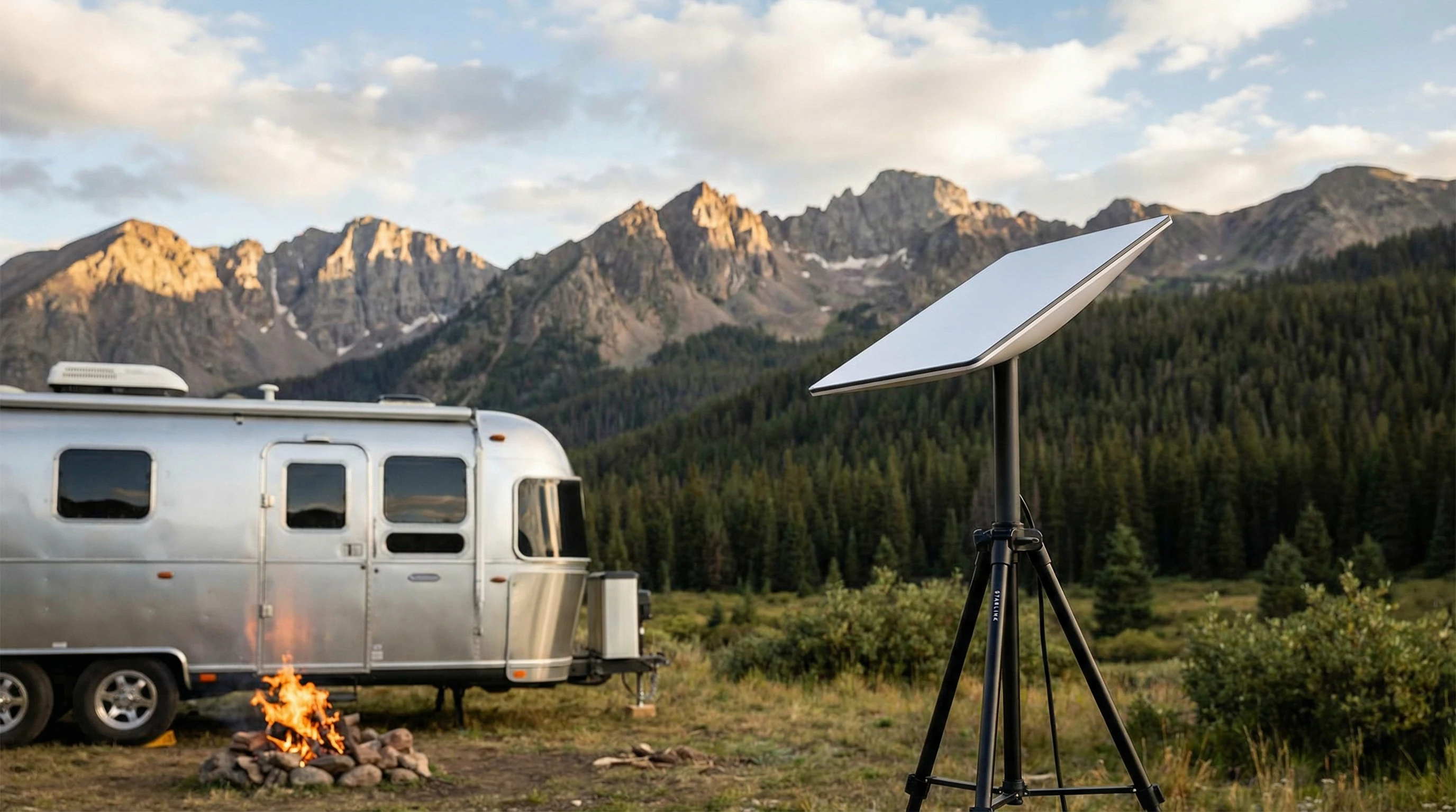 A Starlink satellite dish set up at a remote RV campsite with mountains and trees in the background.