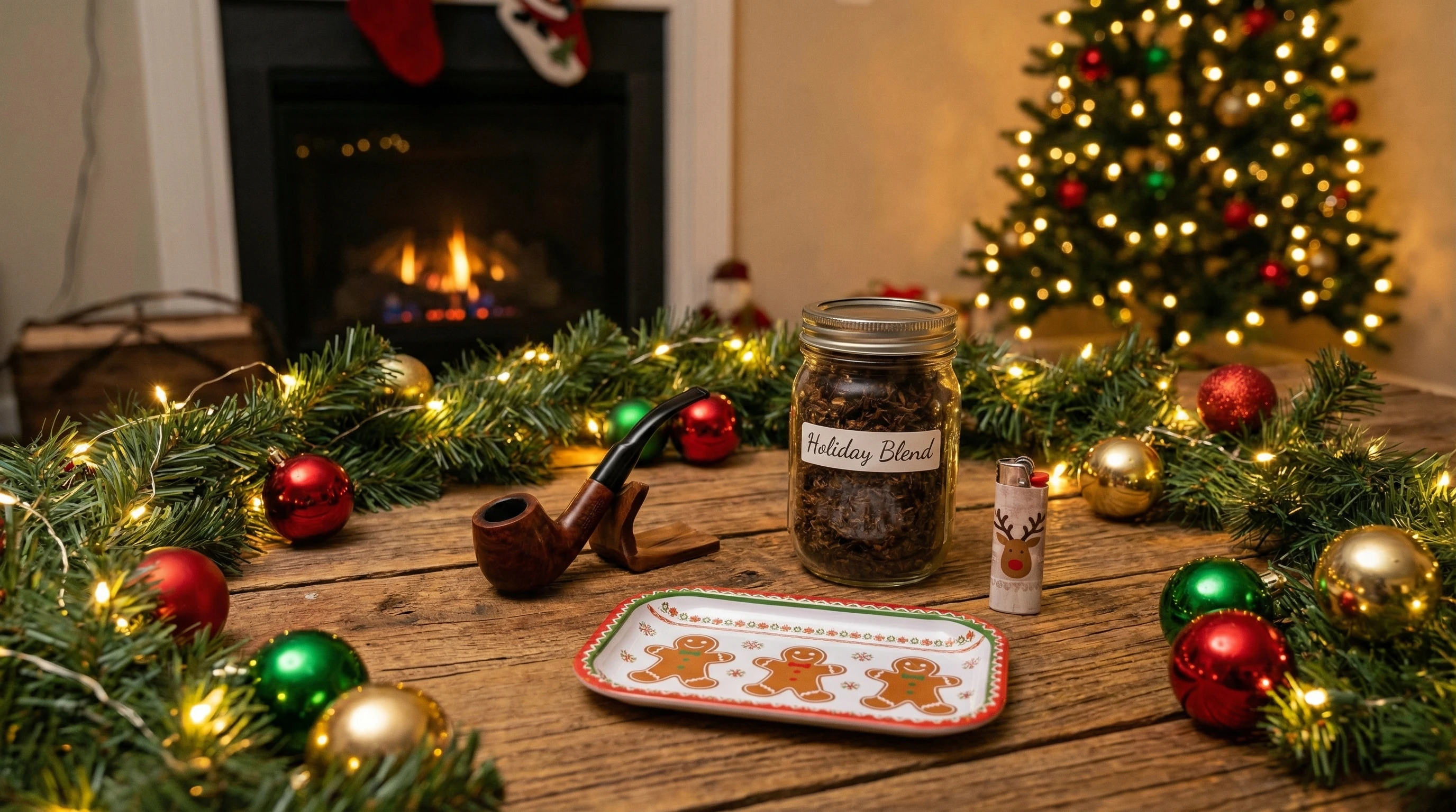 A cozy, festive holiday scene featuring a Christmas-themed smoking setup on a rustic wooden table, surrounded by pine garlands, fairy lights, and decorative ornaments. A variety of smoking accessories are artfully arranged, reflecting a welcoming celebration vibe.