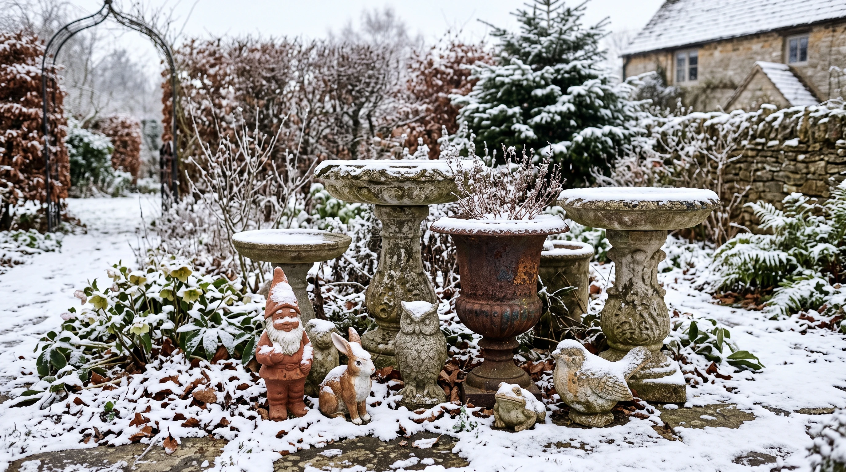 Assorted antique yard ornaments covered in light snow in a garden