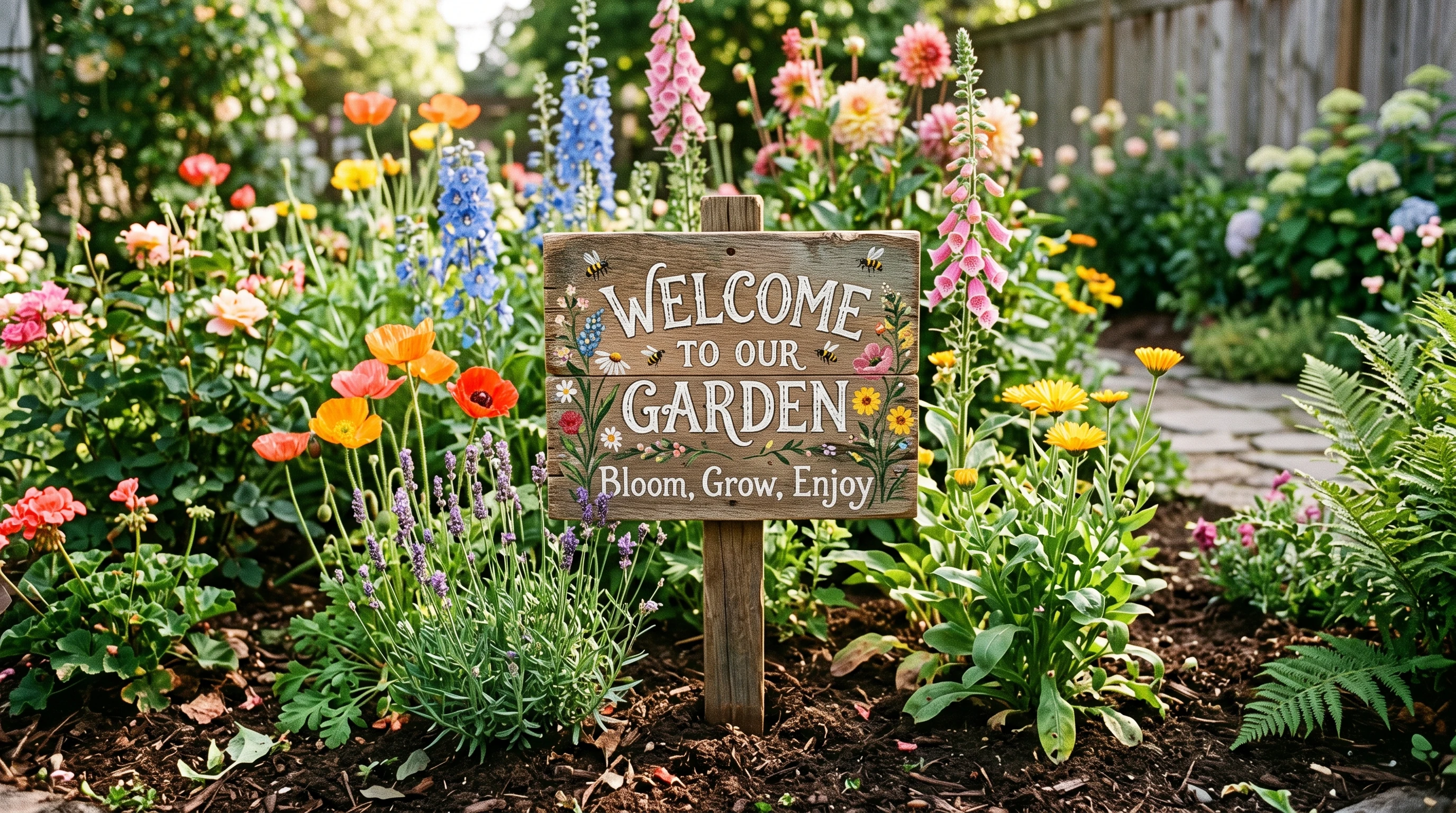 Hand painted wooden garden sign resting among colorful flowers and green foliage