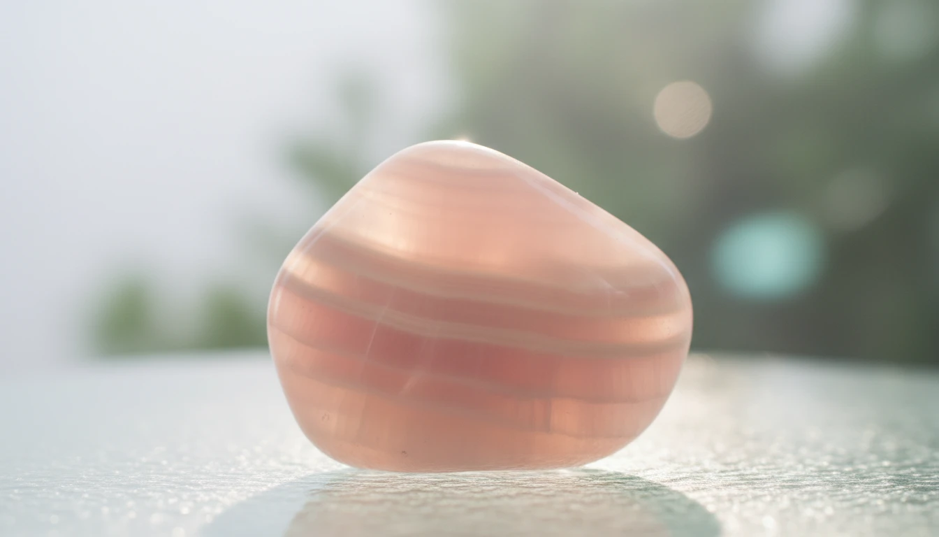 A soft pink calcite crystal placed on a serene background of white and green, with subtle light creating a calming mood. The pink calcite appears luminous, with visible bands and a gentle pastel hue, evoking feelings of calm and healing.