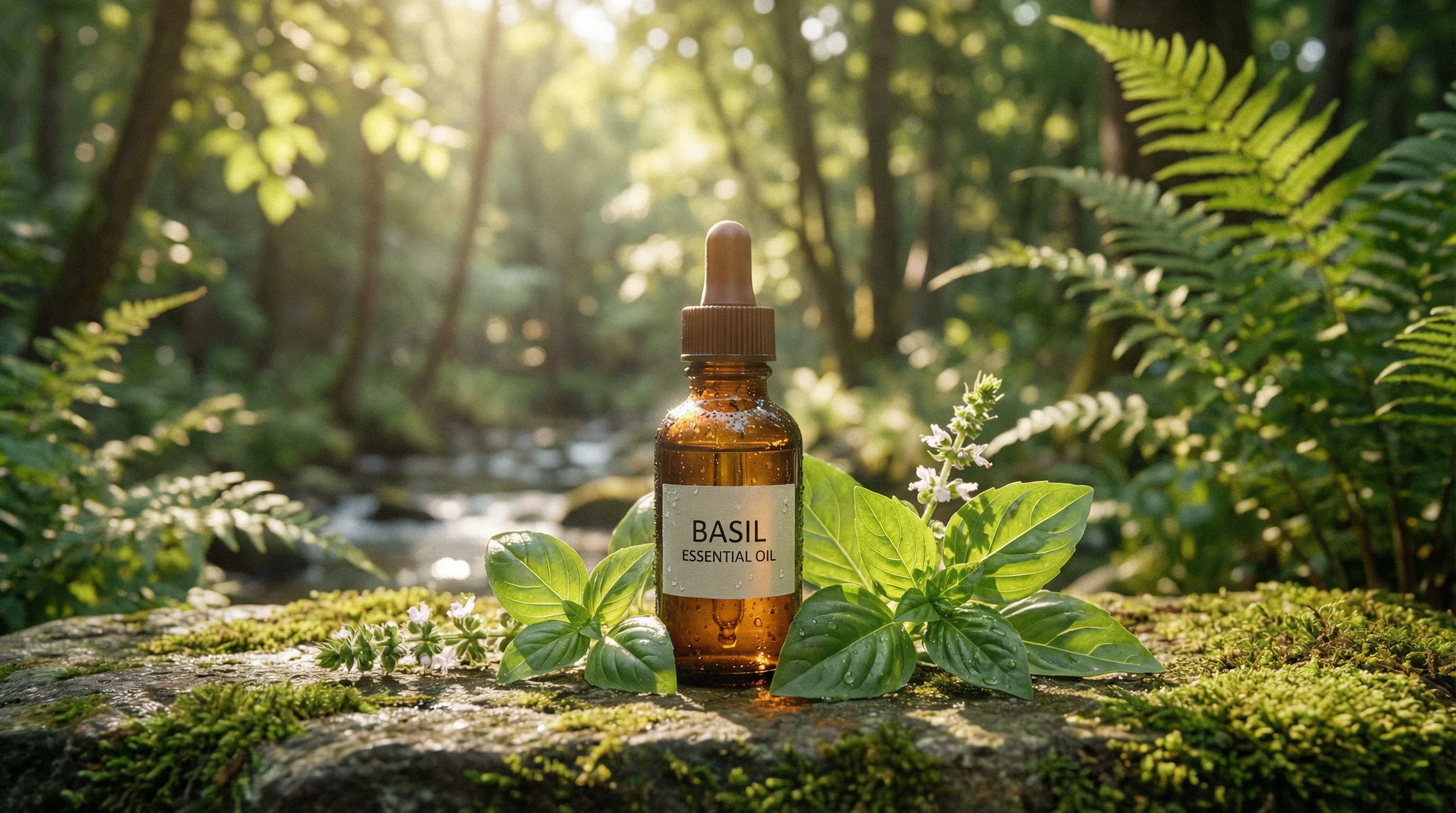 Small brown glass bottle of basil essential oil with fresh basil leaves, set against a serene natural background. Droplets on the bottle hint at recent use, and soft filtered light creates a calming, spa-like vibe.