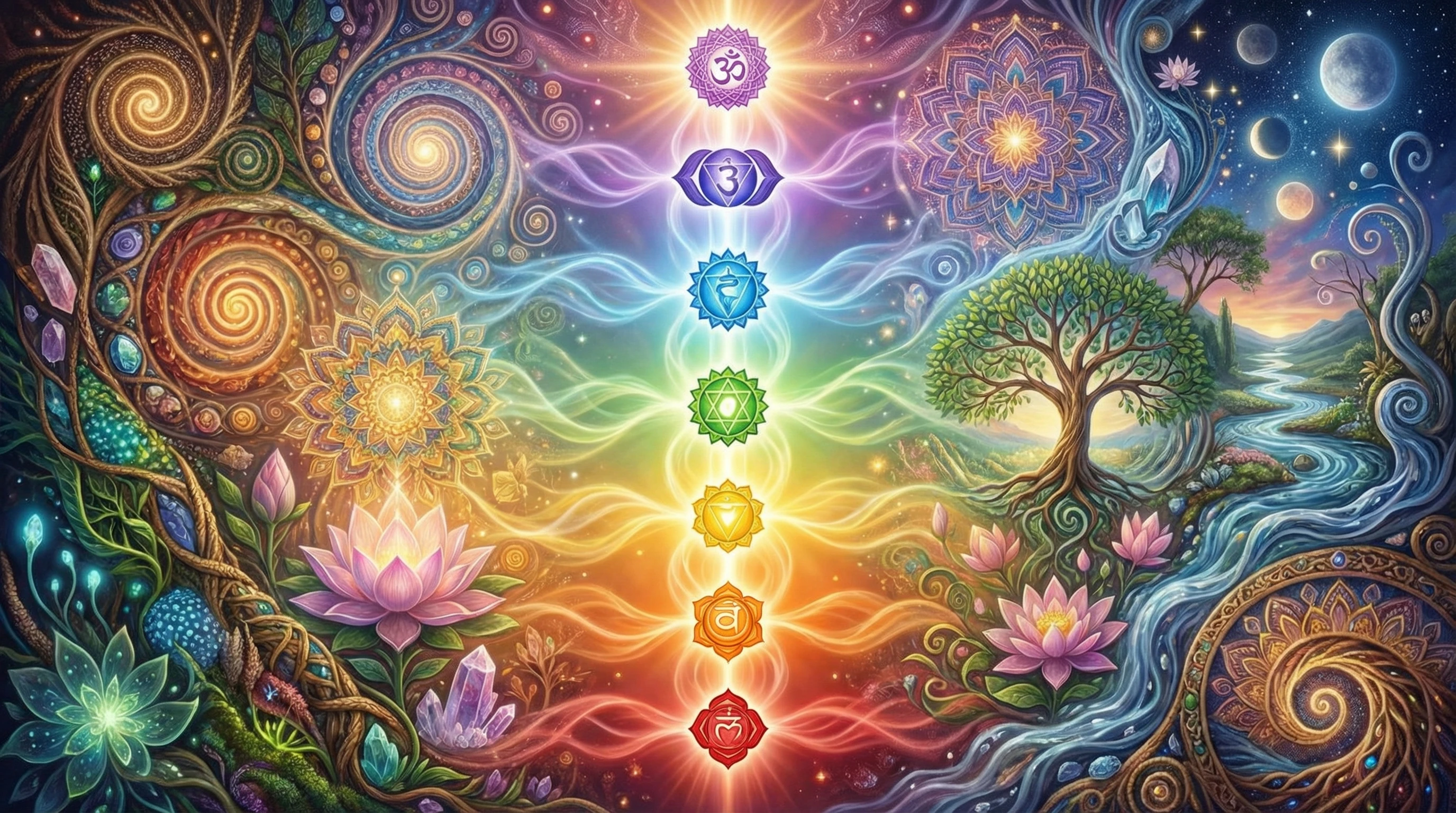 A radiant, color-coded energy field representing the chakras, with gentle light flowing between each center, surrounded by abstract patterns reminiscent of spiritual and natural motifs.