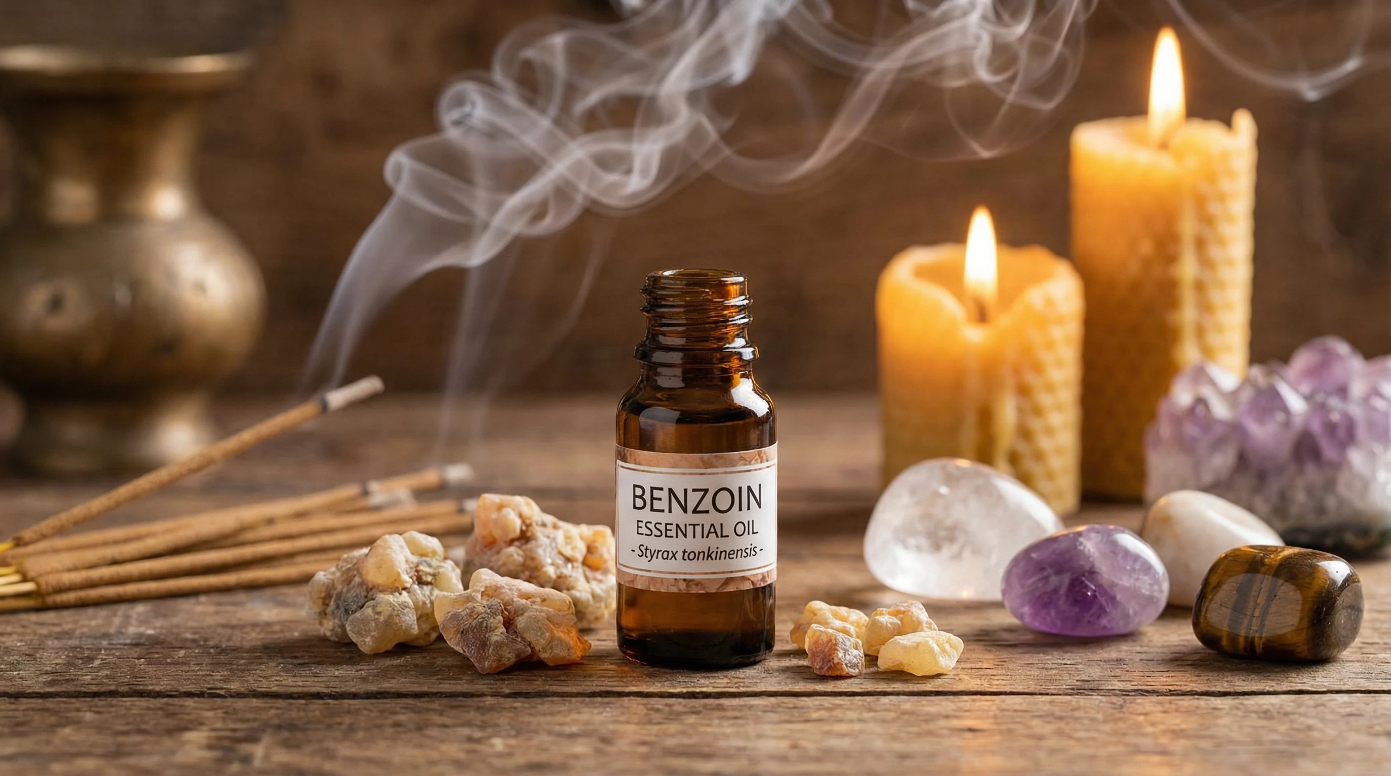 A bottle of benzoin essential oil surrounded by benzoin resin and incense smoke, with crystals and a soft spiritual background.