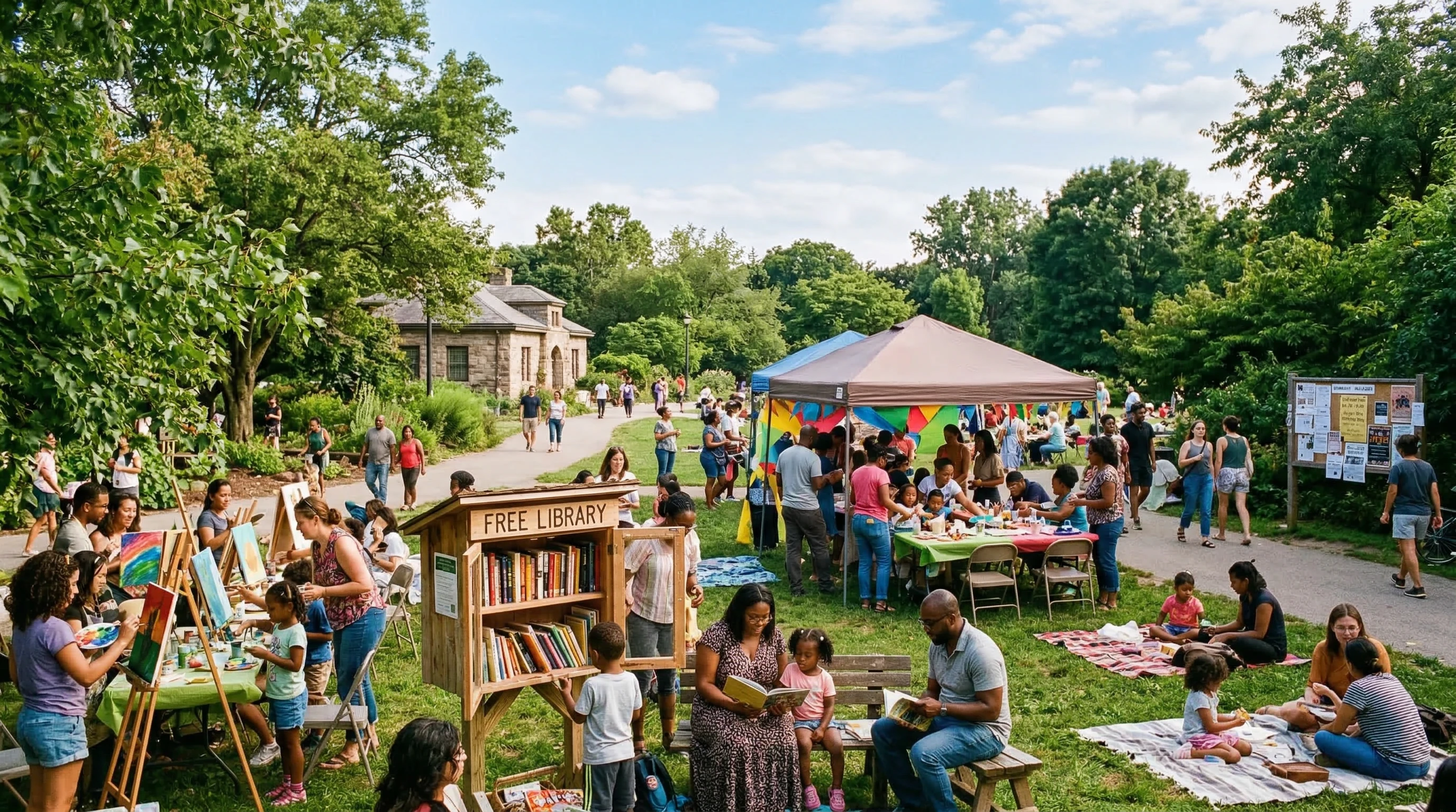 A sunlit public park with community members reading, painting, and enjoying free resources like a library stand and a community art wall. Everything feels open, welcoming, and unbranded, showing the spirit of non-monetized sharing and participation.