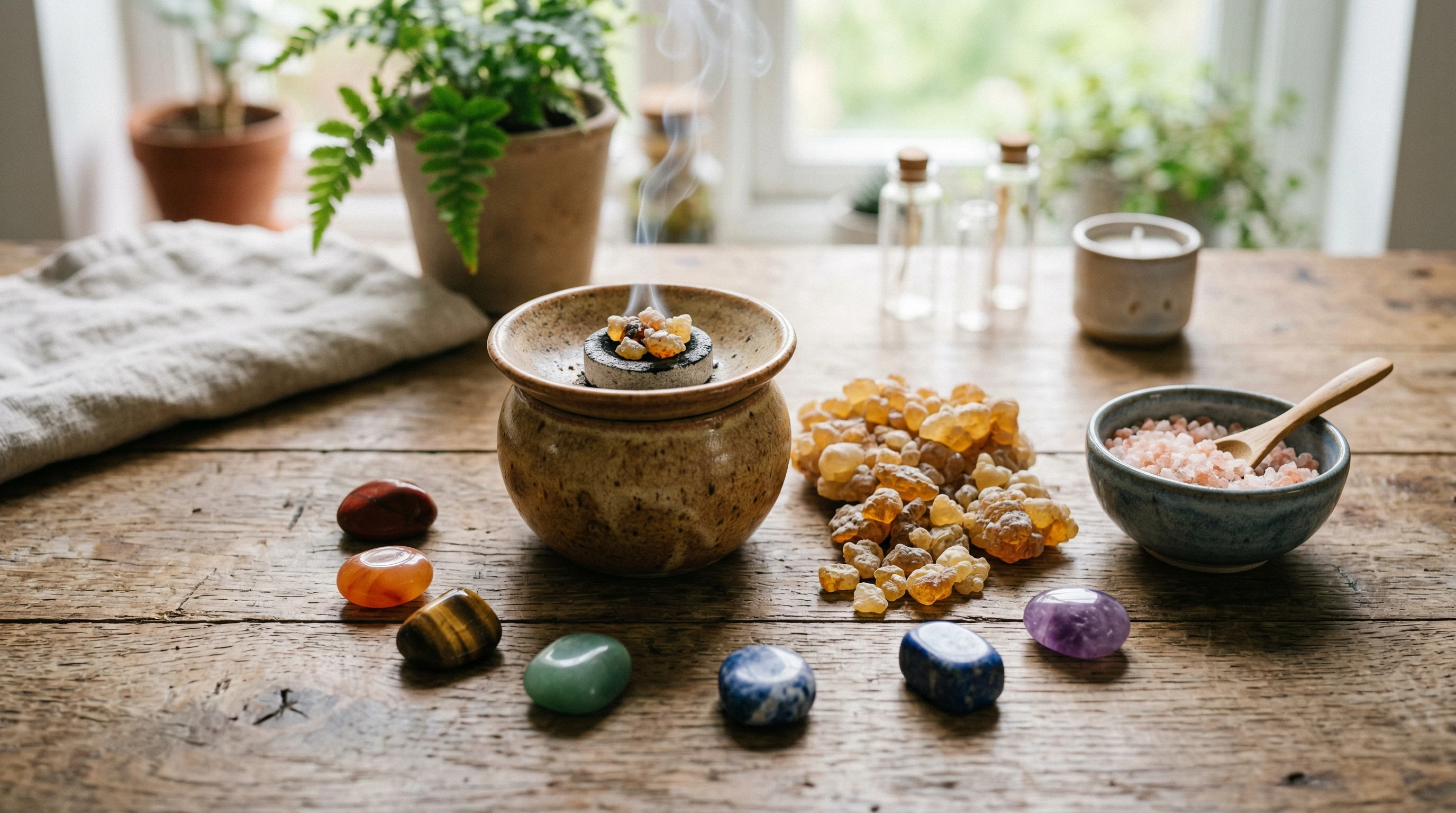 A close-up photo of frankincense resin pieces and a burning incense cup. There are colorful chakra stones and a small bowl of salt nearby, all placed on a wooden table under soft natural light.